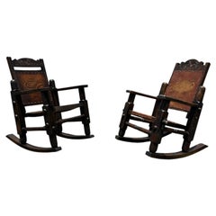 1940s Mexican Saddle Leather Rustic Carved Wood Rocking Chairs, Set of 2