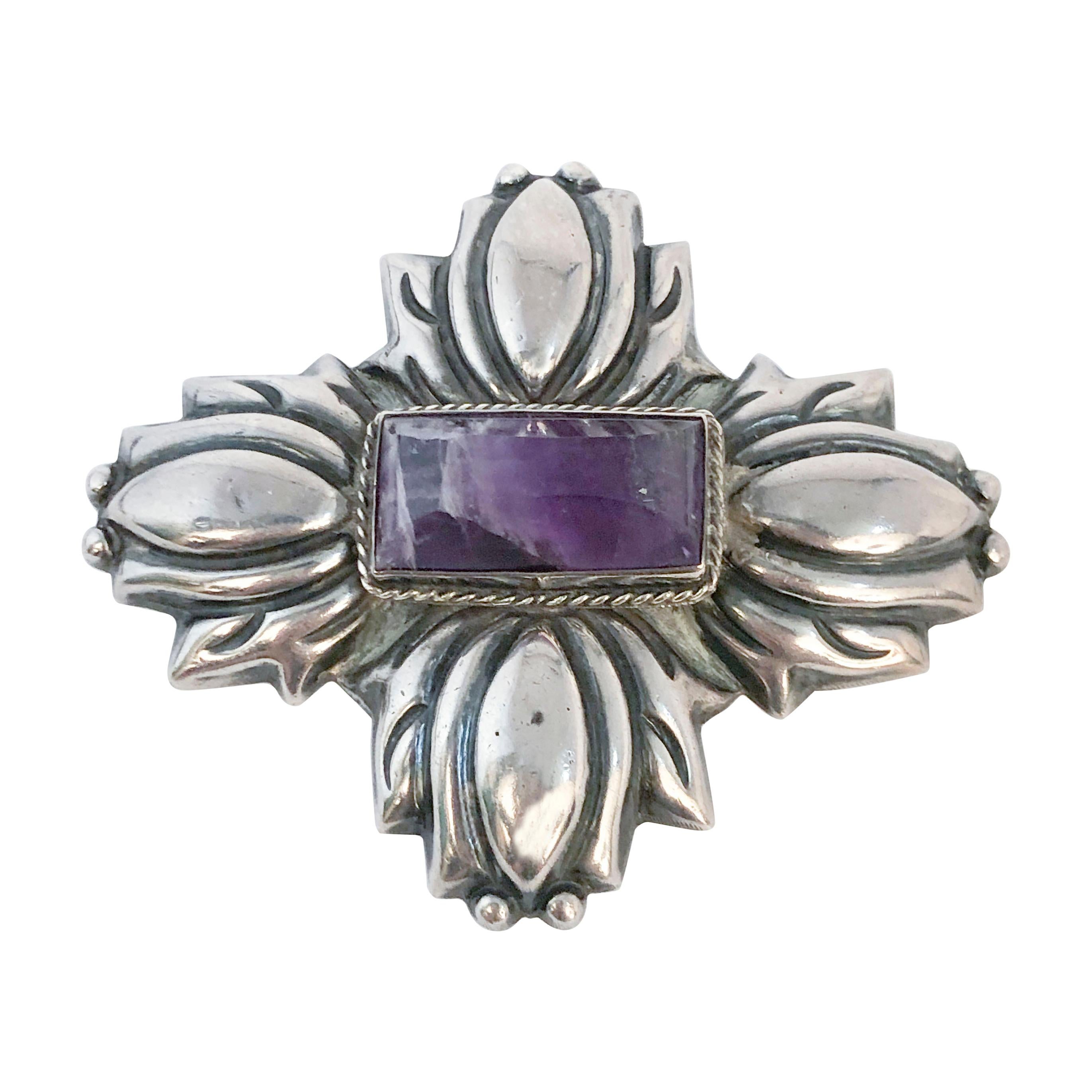 1940s Mexican Silver Brooch with Amethyst