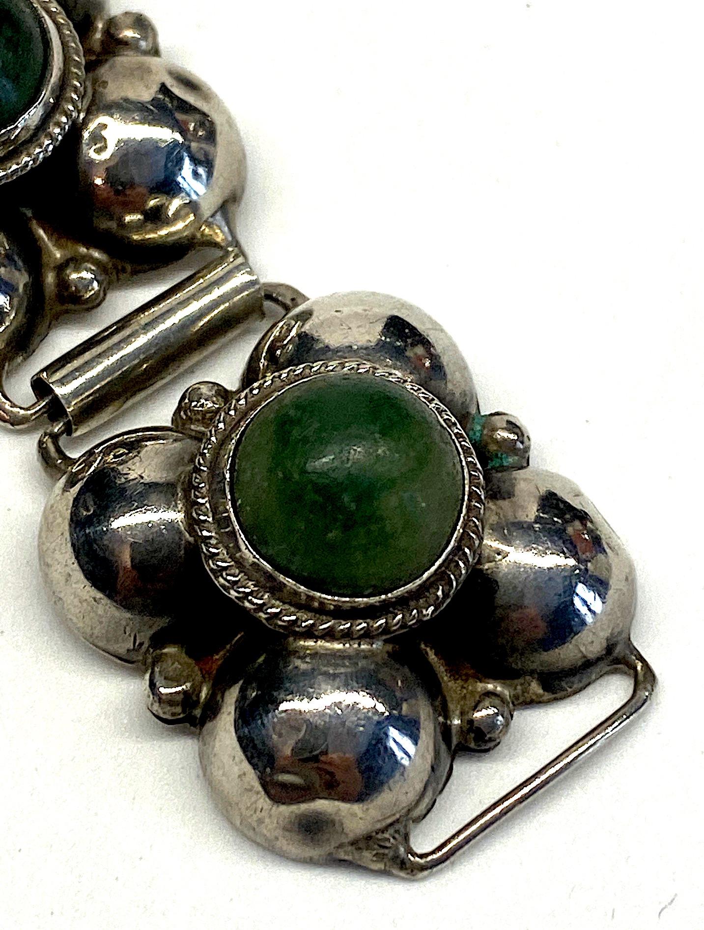 1940s Mexican Sterling & Green Calcite Cabochon Bracelet For Sale 4