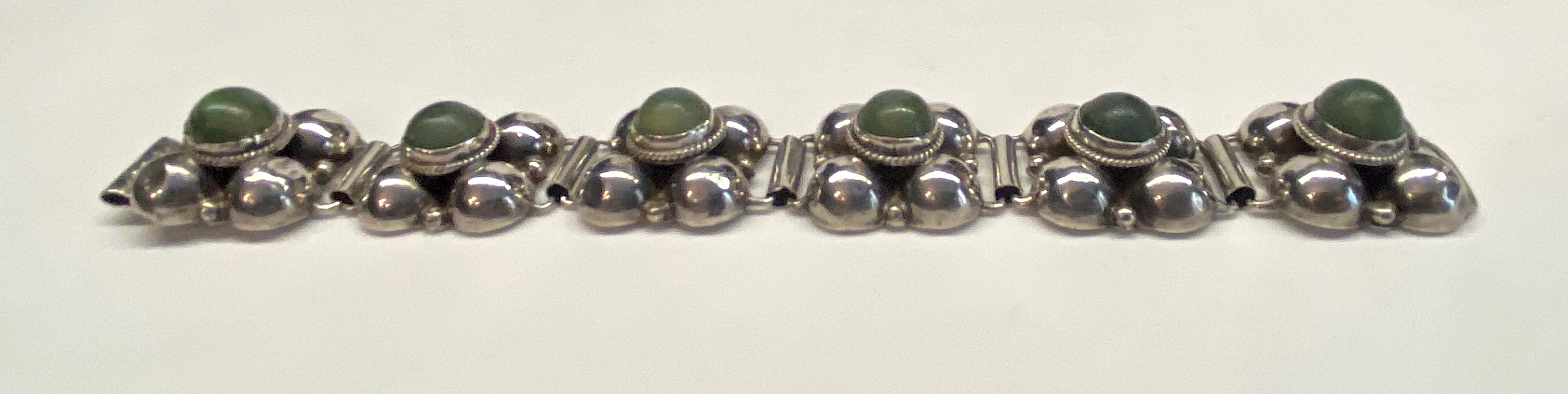 1940s Mexican Sterling & Green Calcite Cabochon Bracelet 9