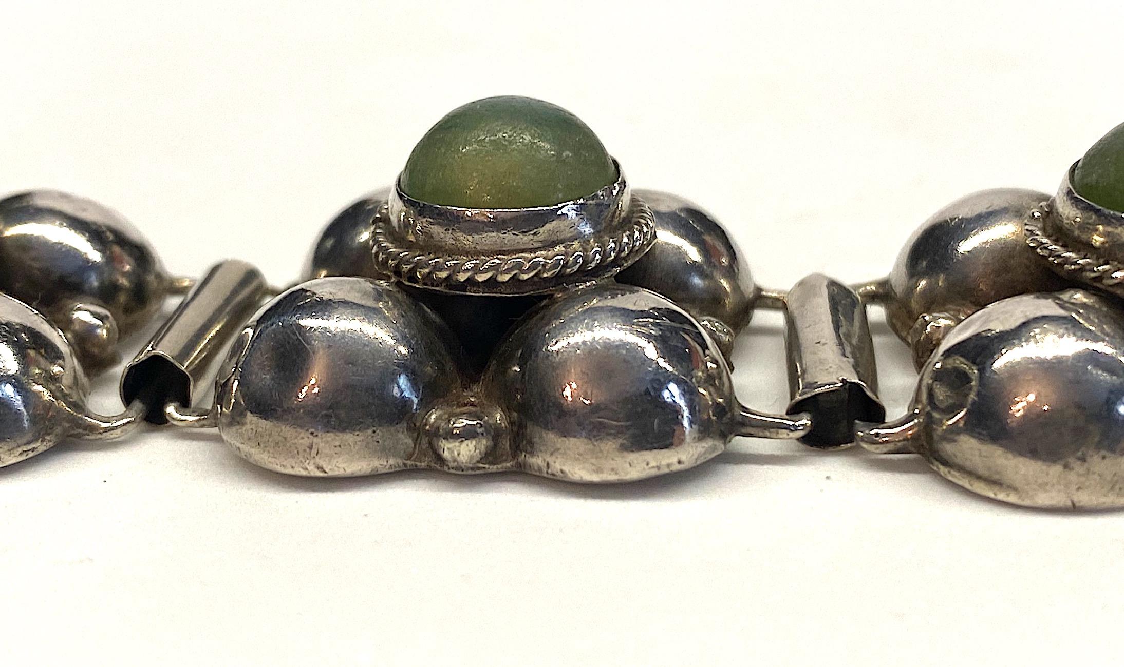 1940s Mexican Sterling & Green Calcite Cabochon Bracelet 11