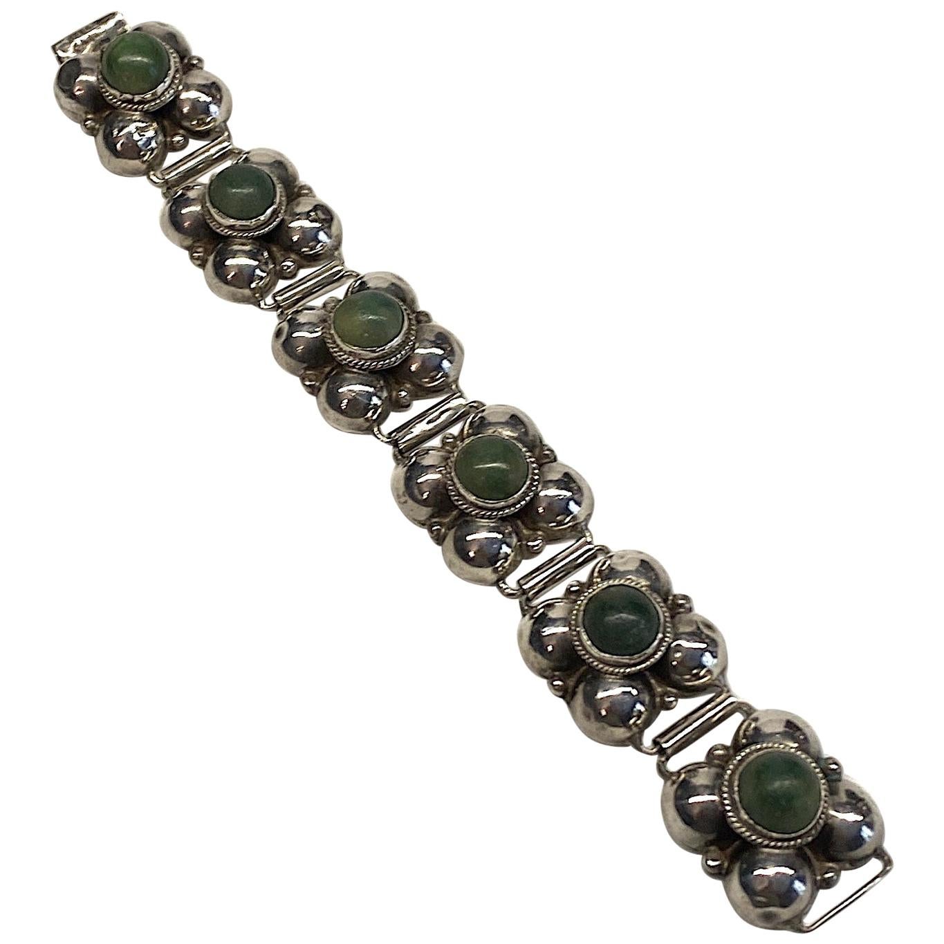 1940s Mexican Sterling & Green Calcite Cabochon Bracelet