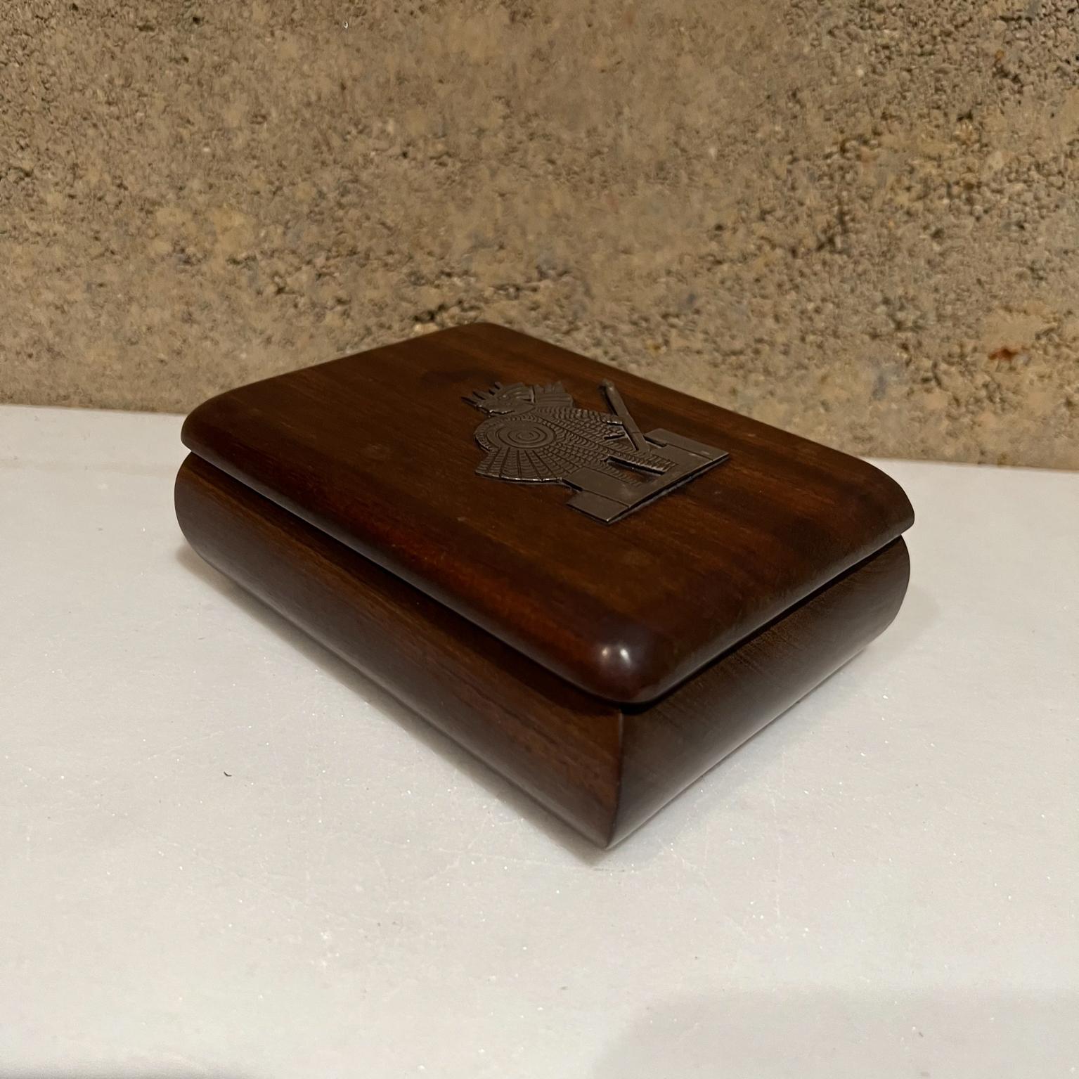 Mid-Century Modern 1940s Mexico Hand Carved Exotic Mahogany Box with Silver Aztec Indian For Sale