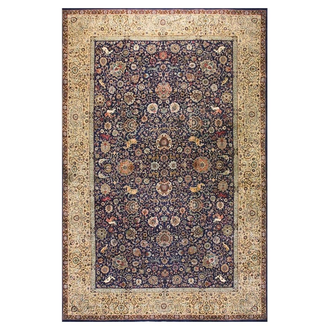1940s Mid 20th Century Blue Navy Antique Hunting Handknotted Wool Carpet Rug