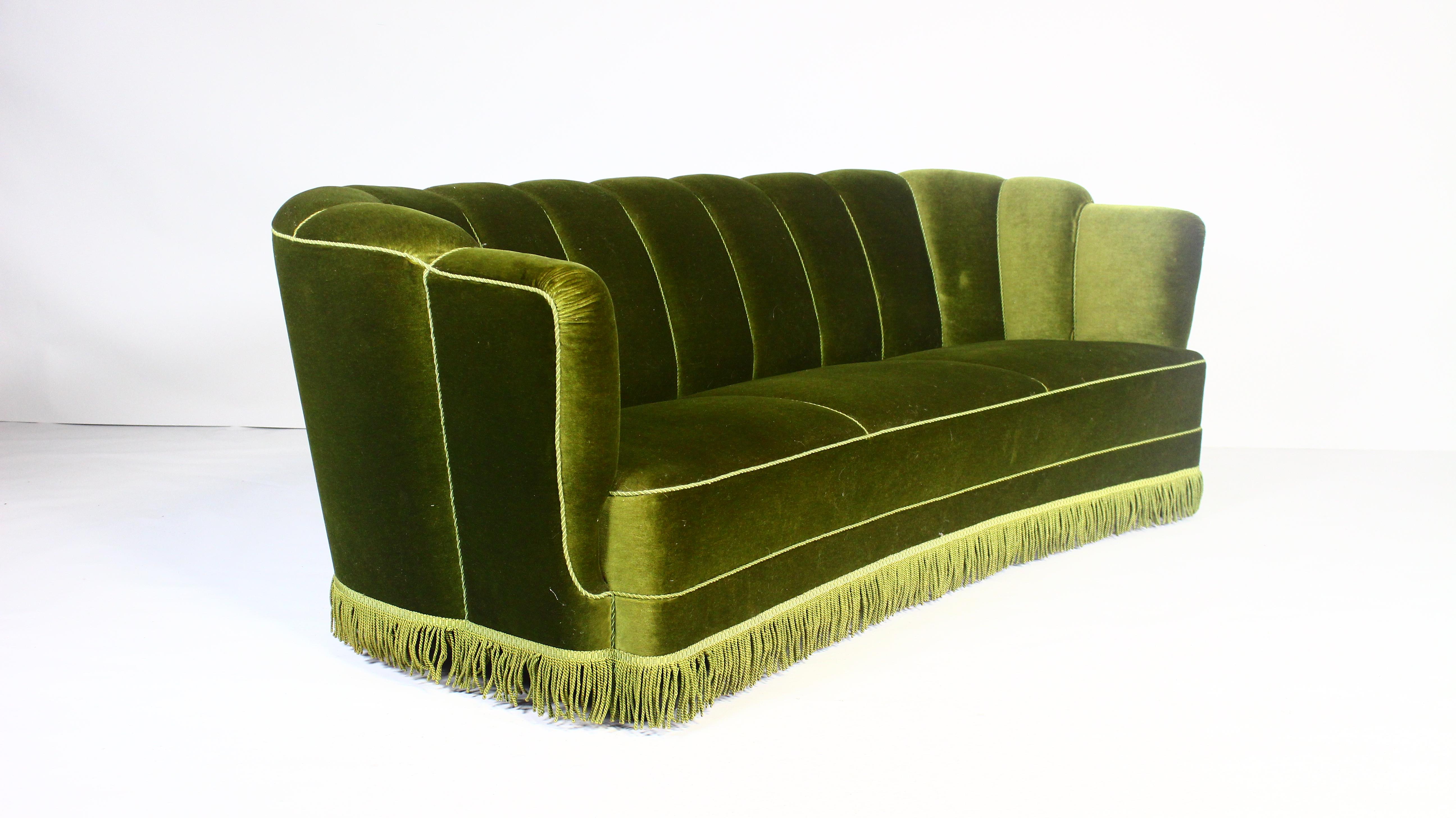 Art Deco 1940s Midcentury Green Velvet Banana Sofa, Denmark