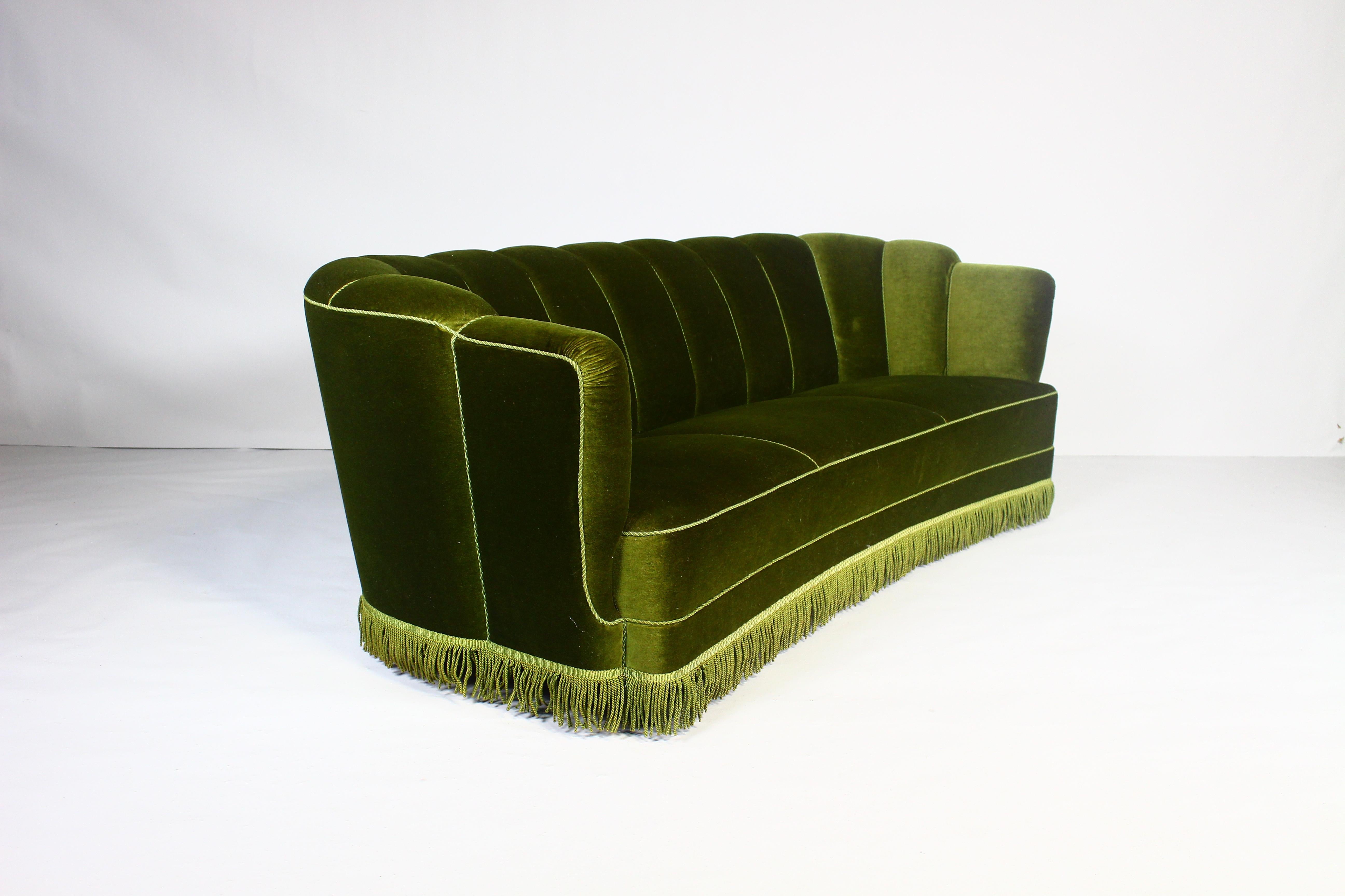Danish 1940s Midcentury Green Velvet Banana Sofa, Denmark
