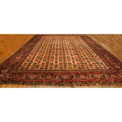 1940s Mid Century Modern Beige Field Floral 4Star Knotted Wool Mahal Carpet Rug