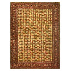 1940s Mid Century Modern Beige Field Floral 4Star Knotted Wool Mahal Carpet Rug