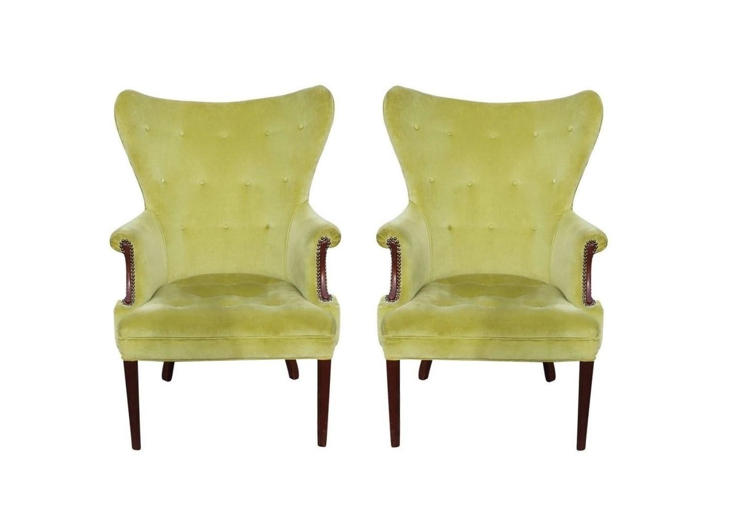 These butterfly wing backs are just gorgeous. Each chair represents a truly novel twist on the centuries-old design of the wing chair, reminiscent of Edward Wormley's designs for Dunbar, perfect for today. Impressively built, the exaggerated