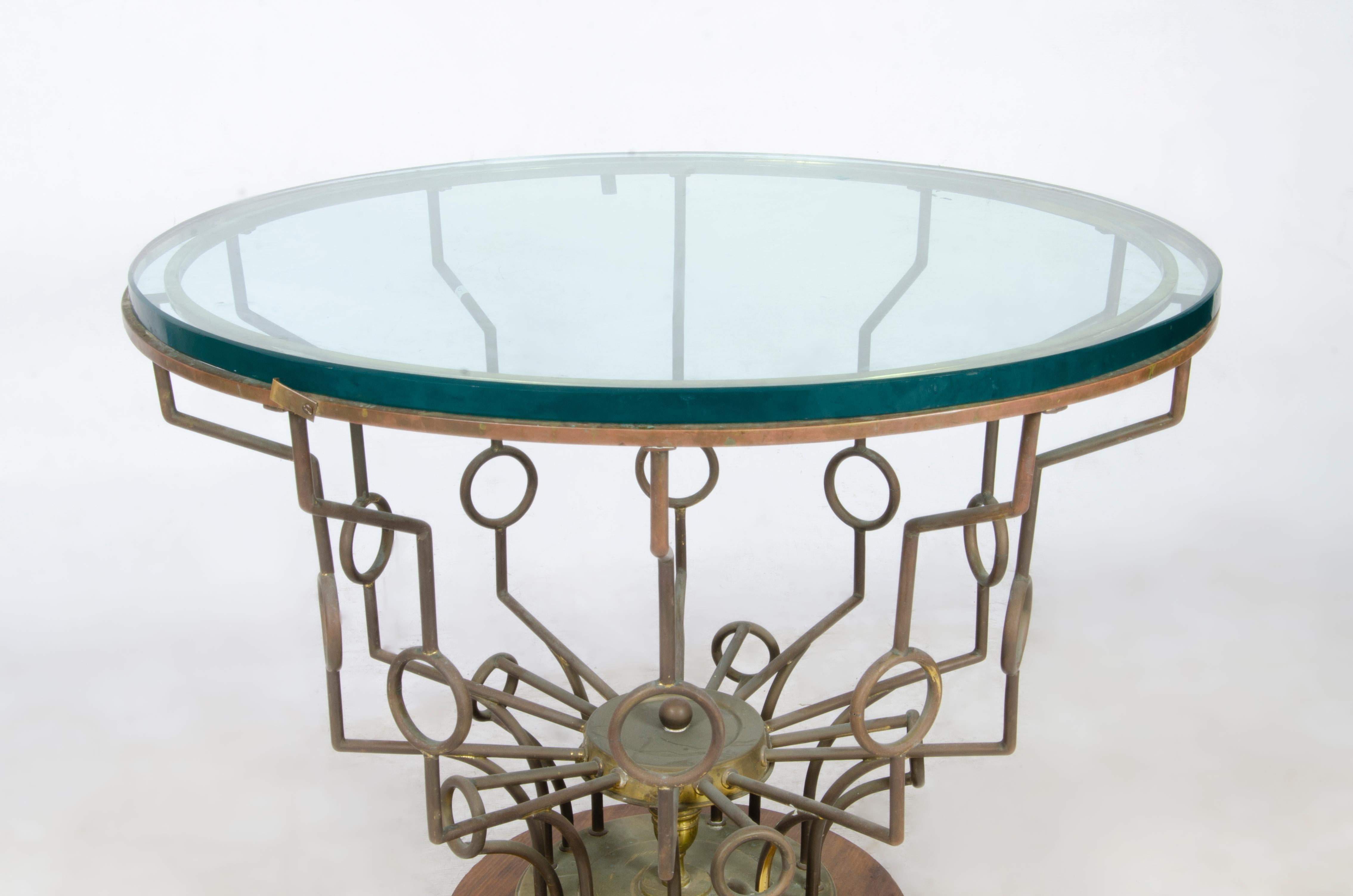 French 1940s Mid-Century Modern Circular Glass Side Table with Bronze Structure, France For Sale