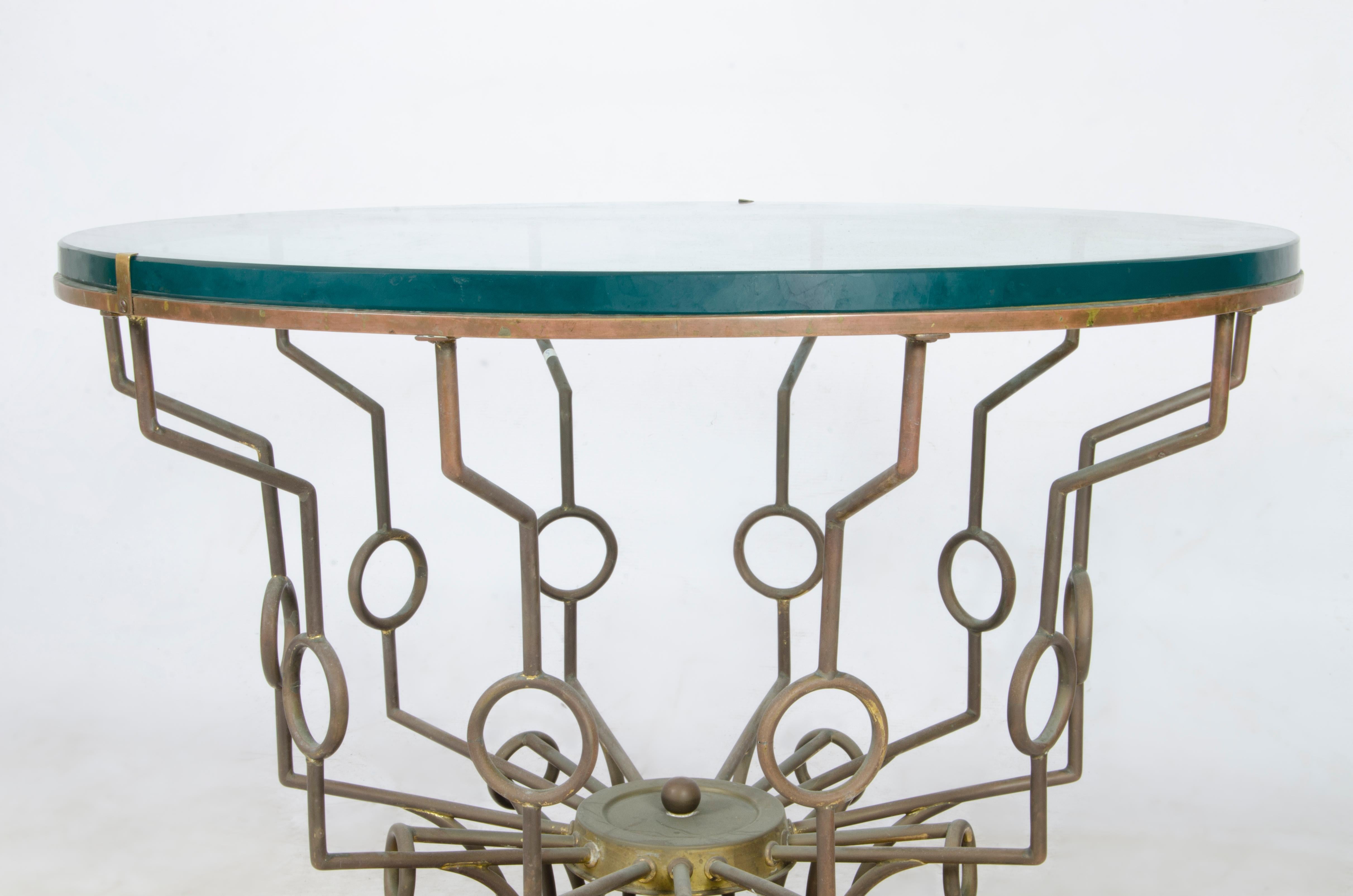 Cast 1940s Mid-Century Modern Circular Glass Side Table with Bronze Structure, France For Sale