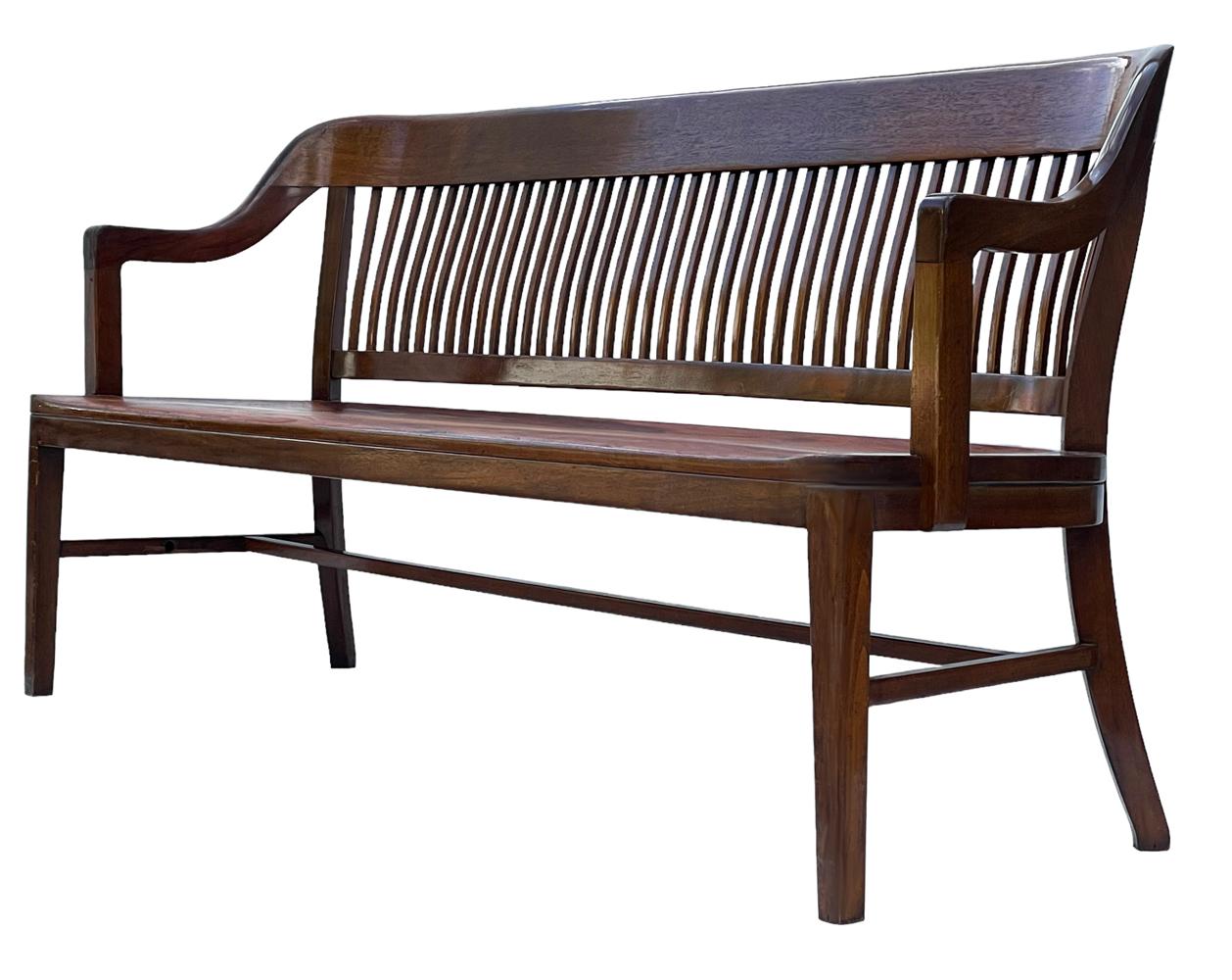 American 1940's Mid Century Modern Long Spindle Back Bench in Solid Stained Oak  For Sale