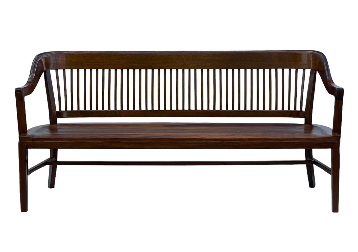 Mid-20th Century 1940's Mid Century Modern Long Spindle Back Bench in Solid Stained Oak  For Sale