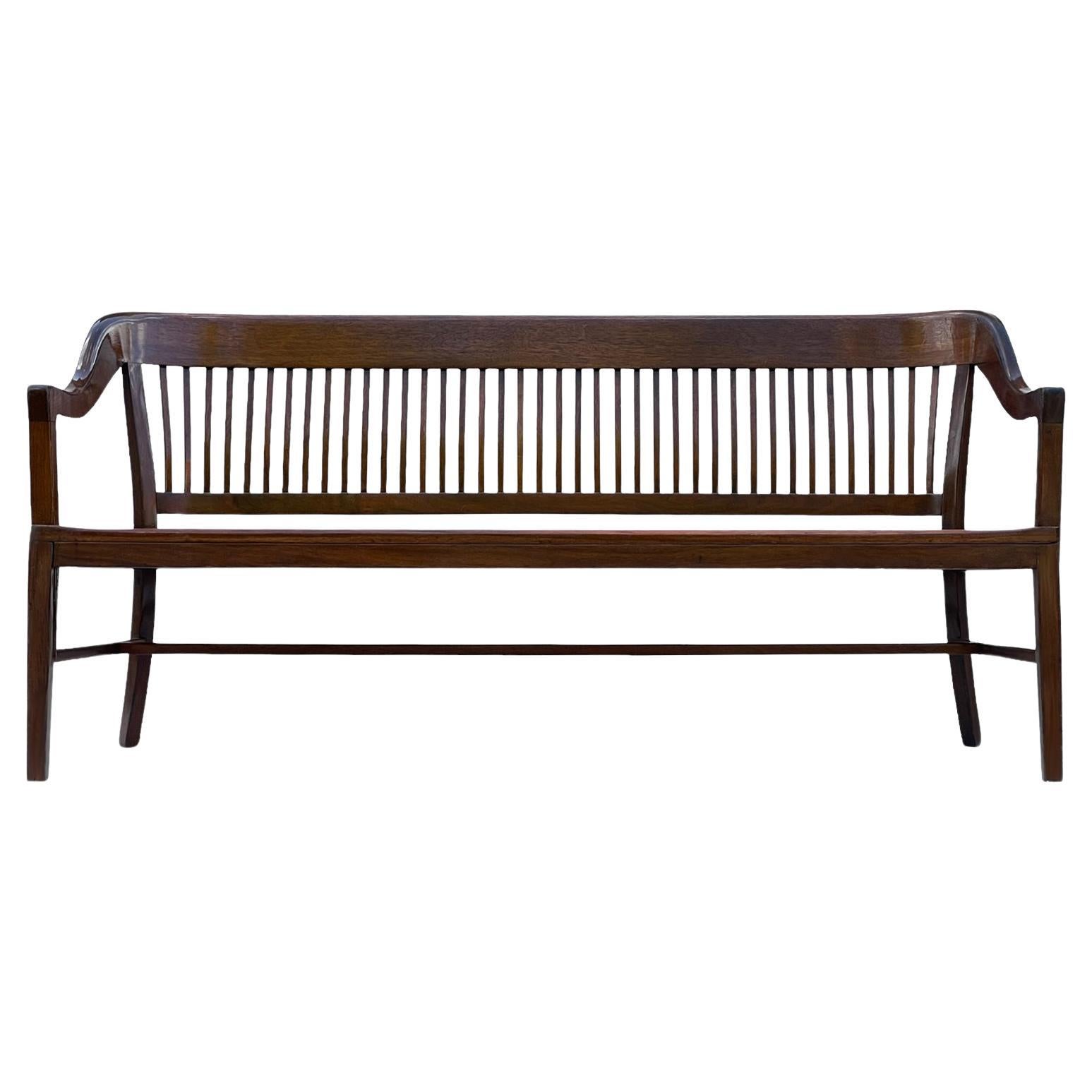 1940's Mid Century Modern Long Spindle Back Bench in Solid Stained Oak 