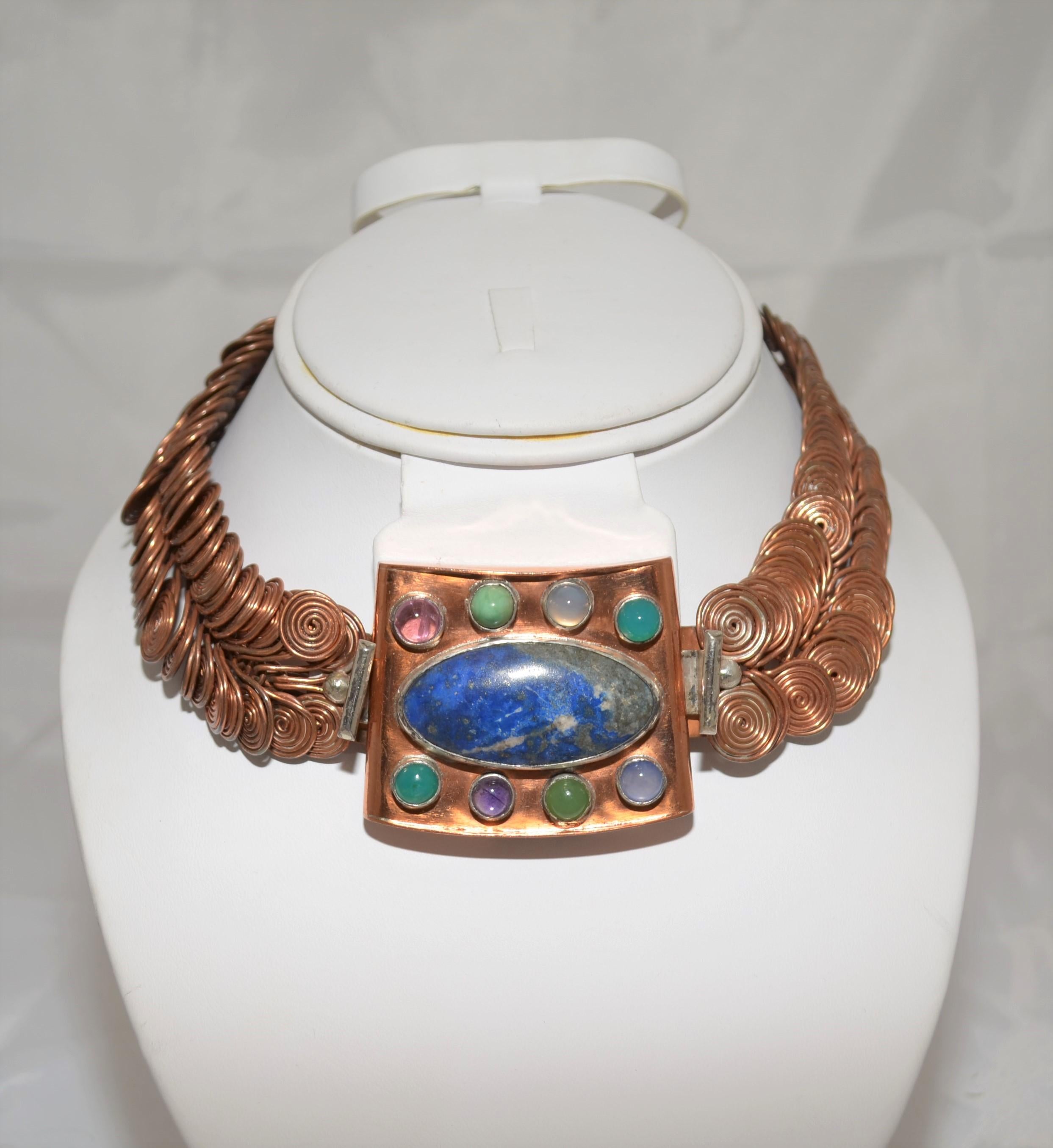 1940's Layola Fourtane Mid-Century Modern Metal Art Sculptural Necklace from Mrs. Gump's Estate --featured in copper metal with multicolored stones that border the pendant with a lapis center stone. Pendant completed detaches from the chain.