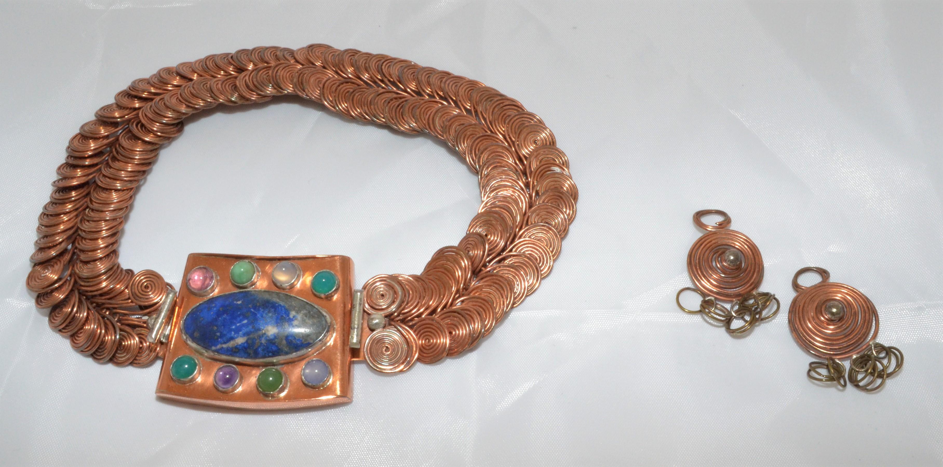 1940's Mid-Century Modern RARE Layola Fourtane Metal Art Necklace with Earrings For Sale 4