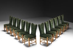 1940s Mid-Century Modern Set of Twelve Dining Chairs in Velvet and Walnut