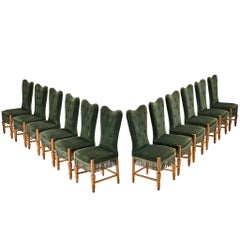 1940s Mid-Century Modern Set of Twelve Dining Chairs in Velvet and Walnut