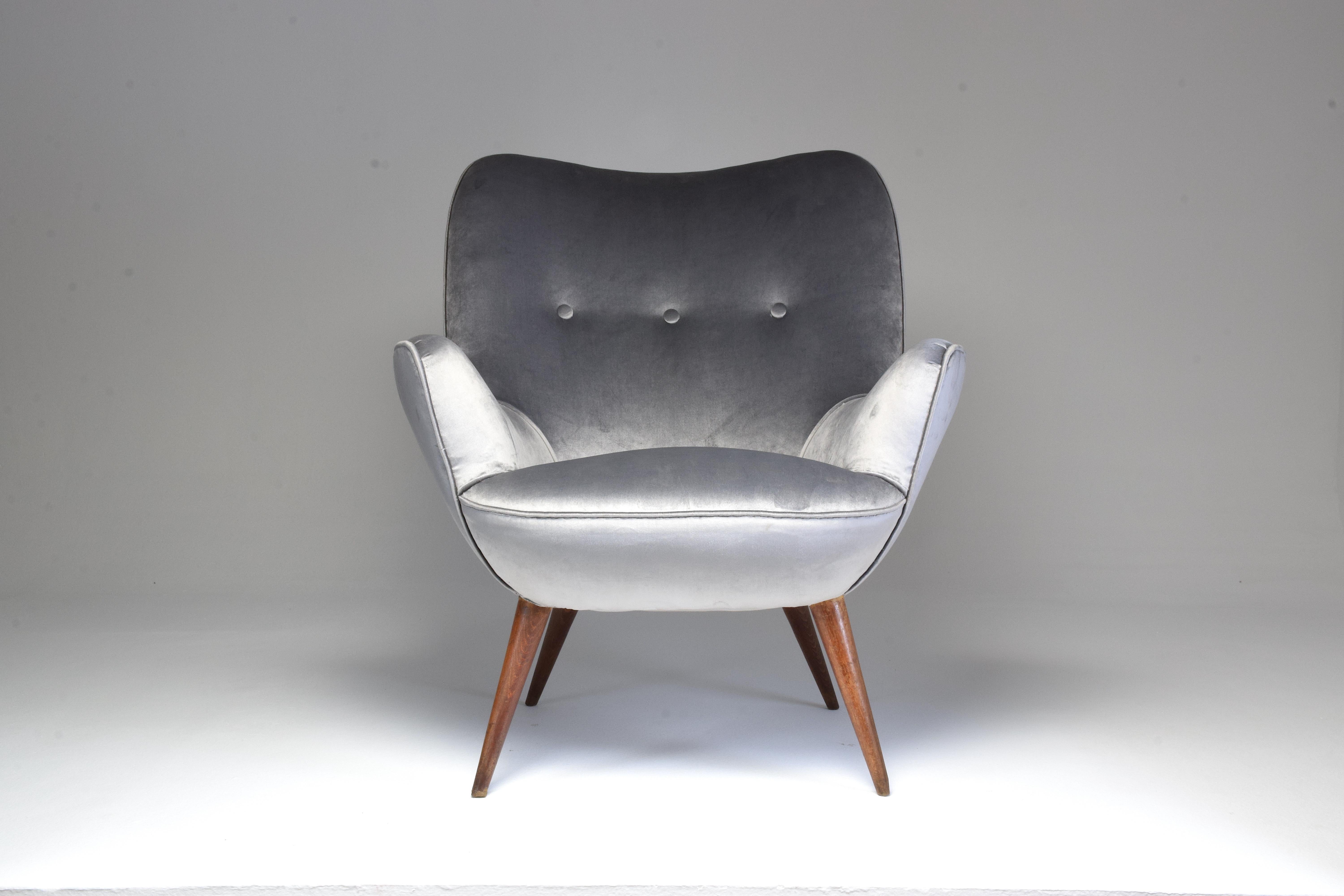 Mid-Century Modern 1940s Midcentury Franco Buzzi Grey Velvet Armchair For Sale