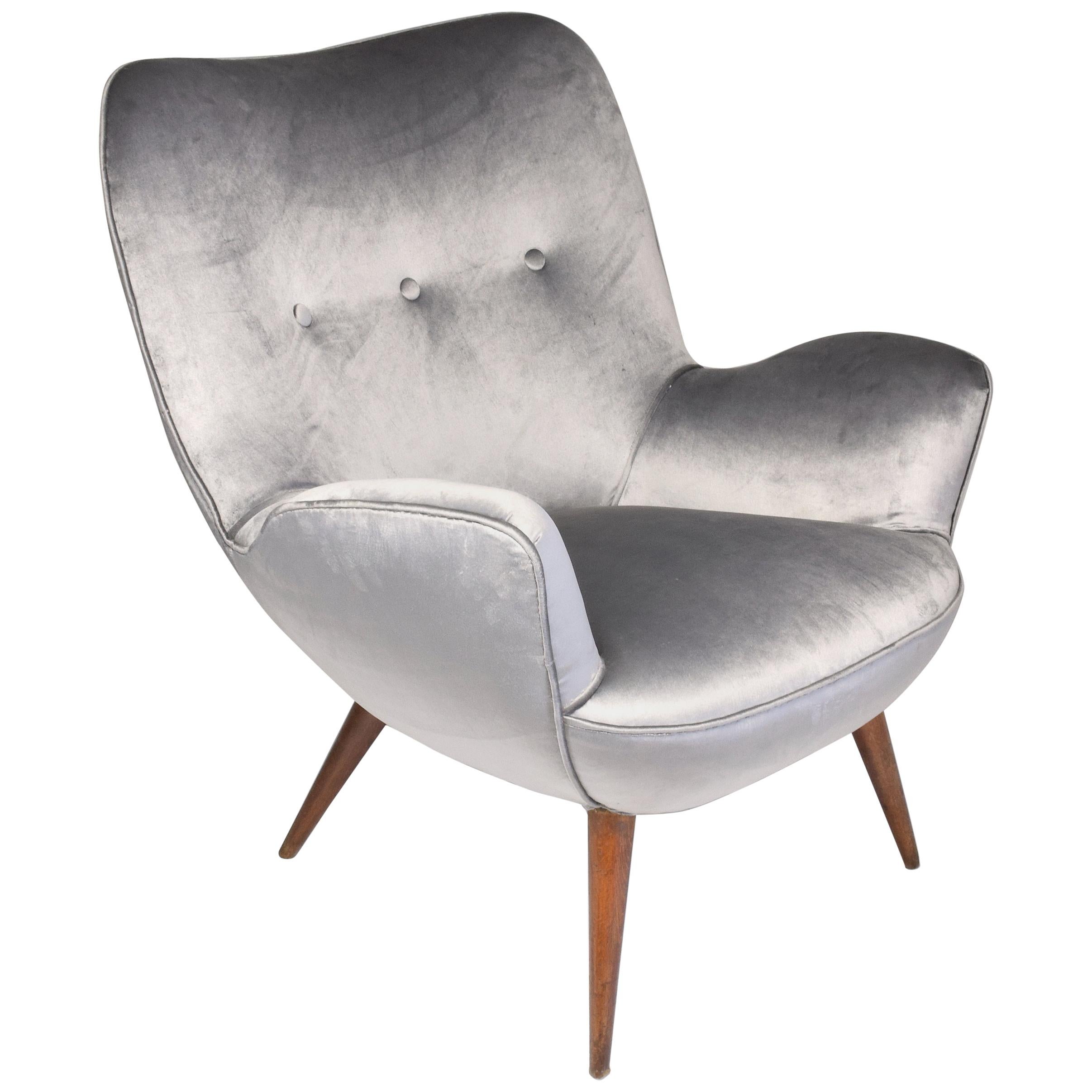 1940s Midcentury Franco Buzzi Grey Velvet Armchair
