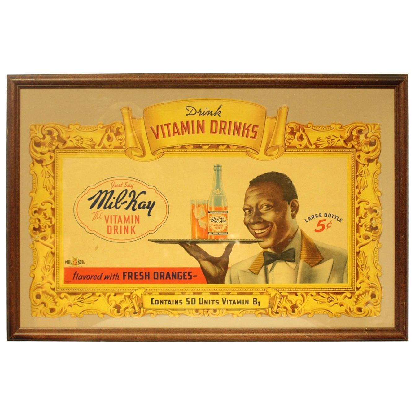 1940s Mil-Kay Orange Vitamin Drinks Cardboard Advertising Framed For Sale