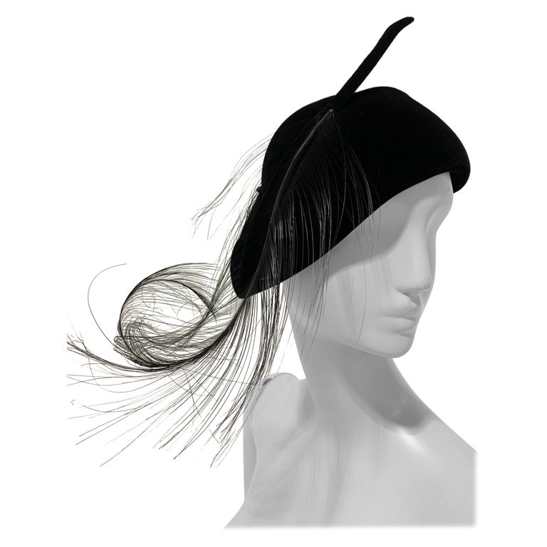 STRIKING 1940s\' BLACK FELT TILT HAT WITH BLACK/WHITE OSTRICH FEATHERS $_57.JPG?set_id=880000500F main image 3