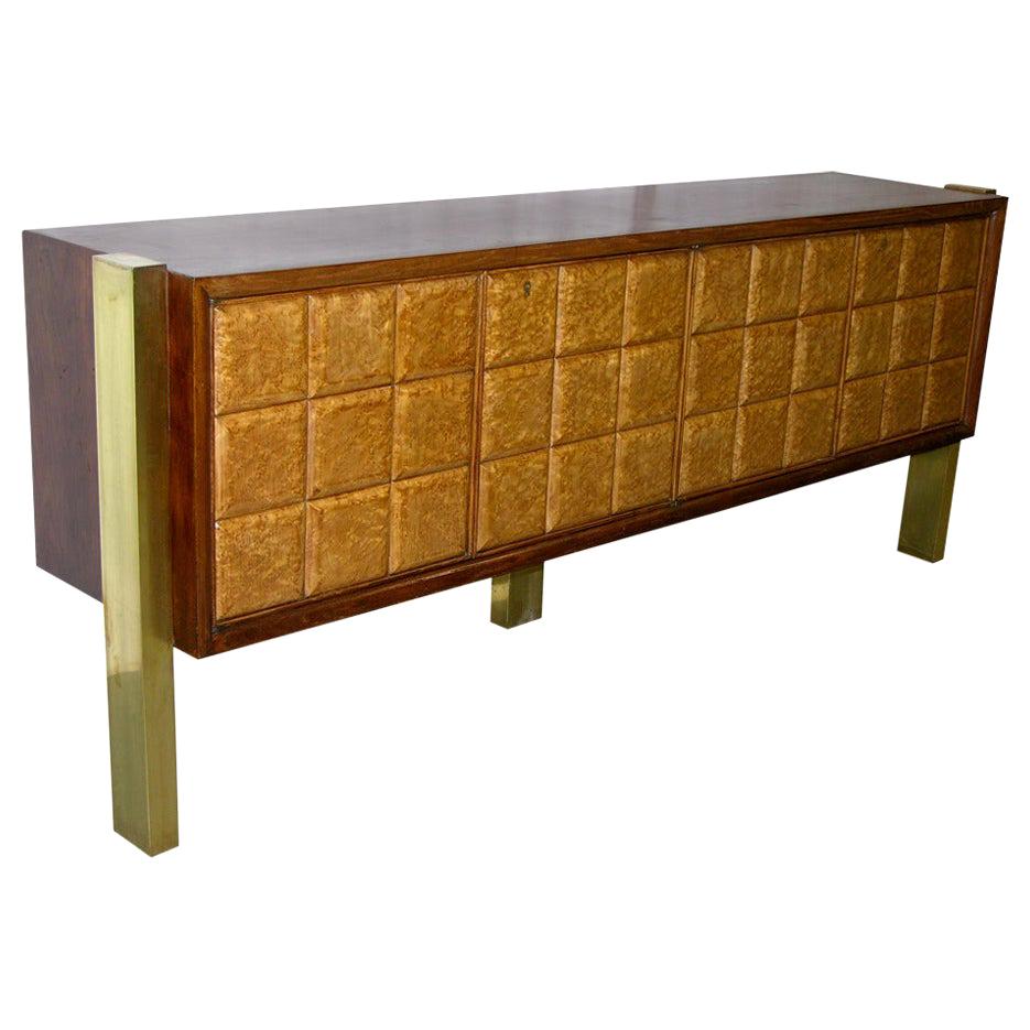 1940s Minimalist Dark & Light Palisander Wood Cabinet / Sideboard on Brass Legs