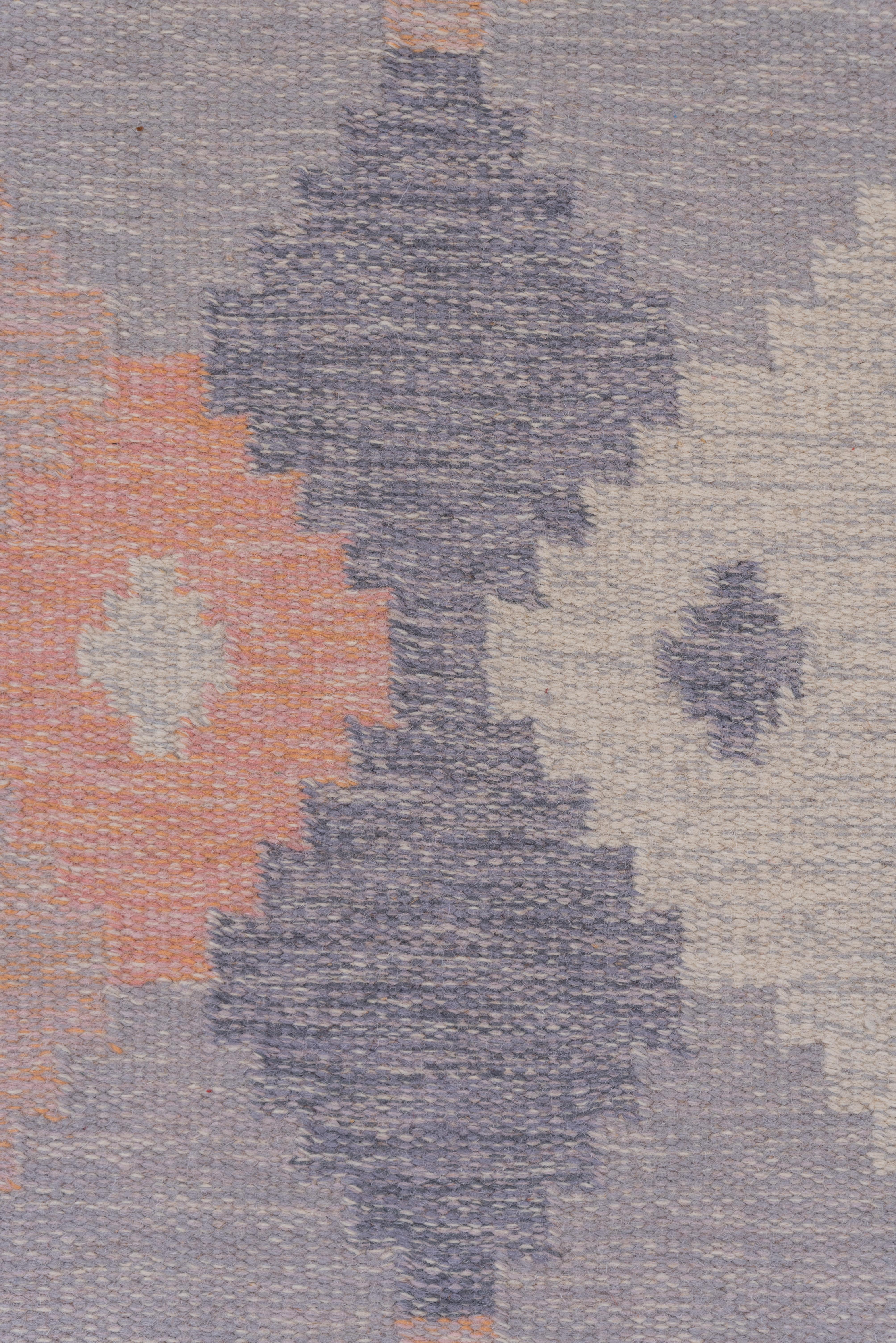 Hand-Woven 1940s Minimalist Scandinavian Flatweave Rug, Subtle Purple Field, Pink Accents