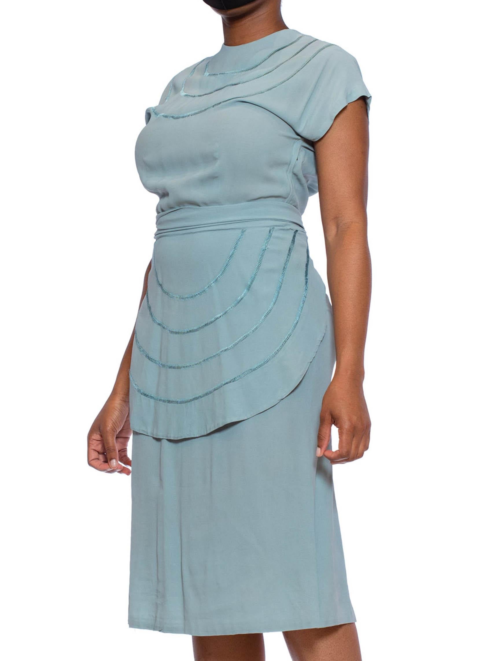Women's 1940S Mint Blue Rayon Crepe Dress With Sash Belt Peplum For Sale