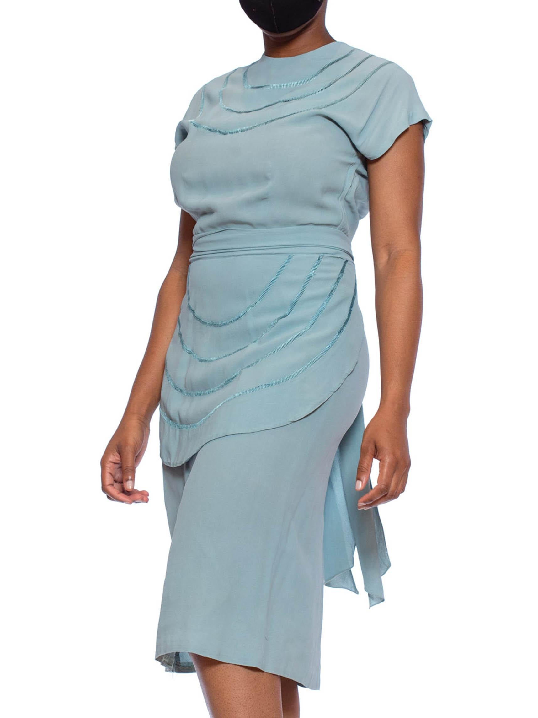 1940S Mint Blue Rayon Crepe Dress With Sash Belt Peplum For Sale 1