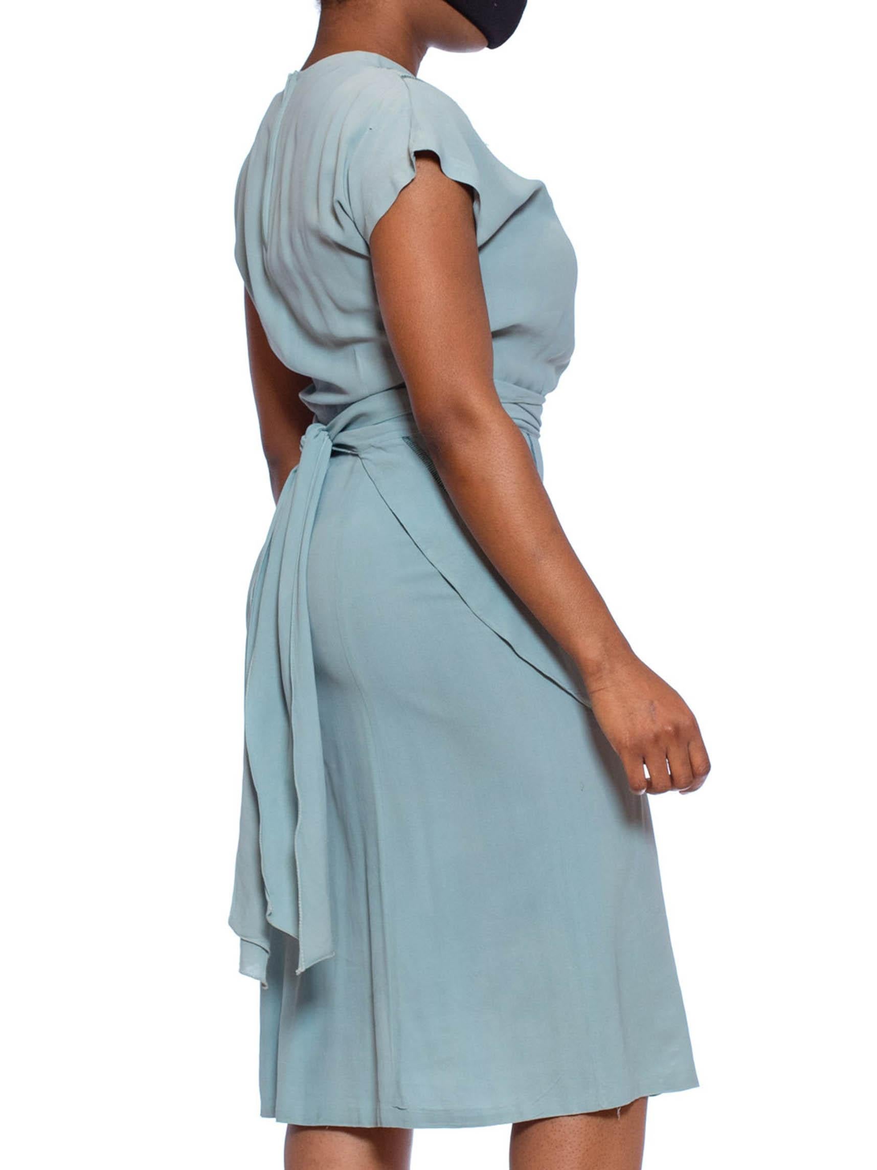 1940S Mint Blue Rayon Crepe Dress With Sash Belt Peplum For Sale 2