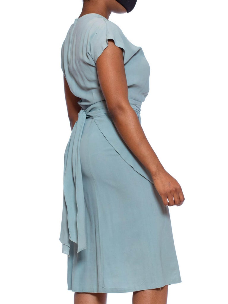1940S Mint Blue Rayon Crepe Dress With Sash Belt Peplum For Sale at