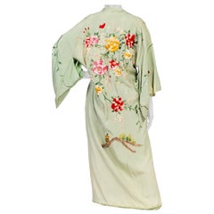 1940S Mint Green Hand Embroidered Rayon Blend Kimono With Antique Patina
