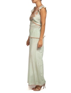 1940S Mint Green Rayon Pajamas With Peach Lace And Flutter Sleeve