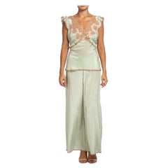 Pajamas des années 1940, vert menthe, avec dentelle pêche et manches flottantes