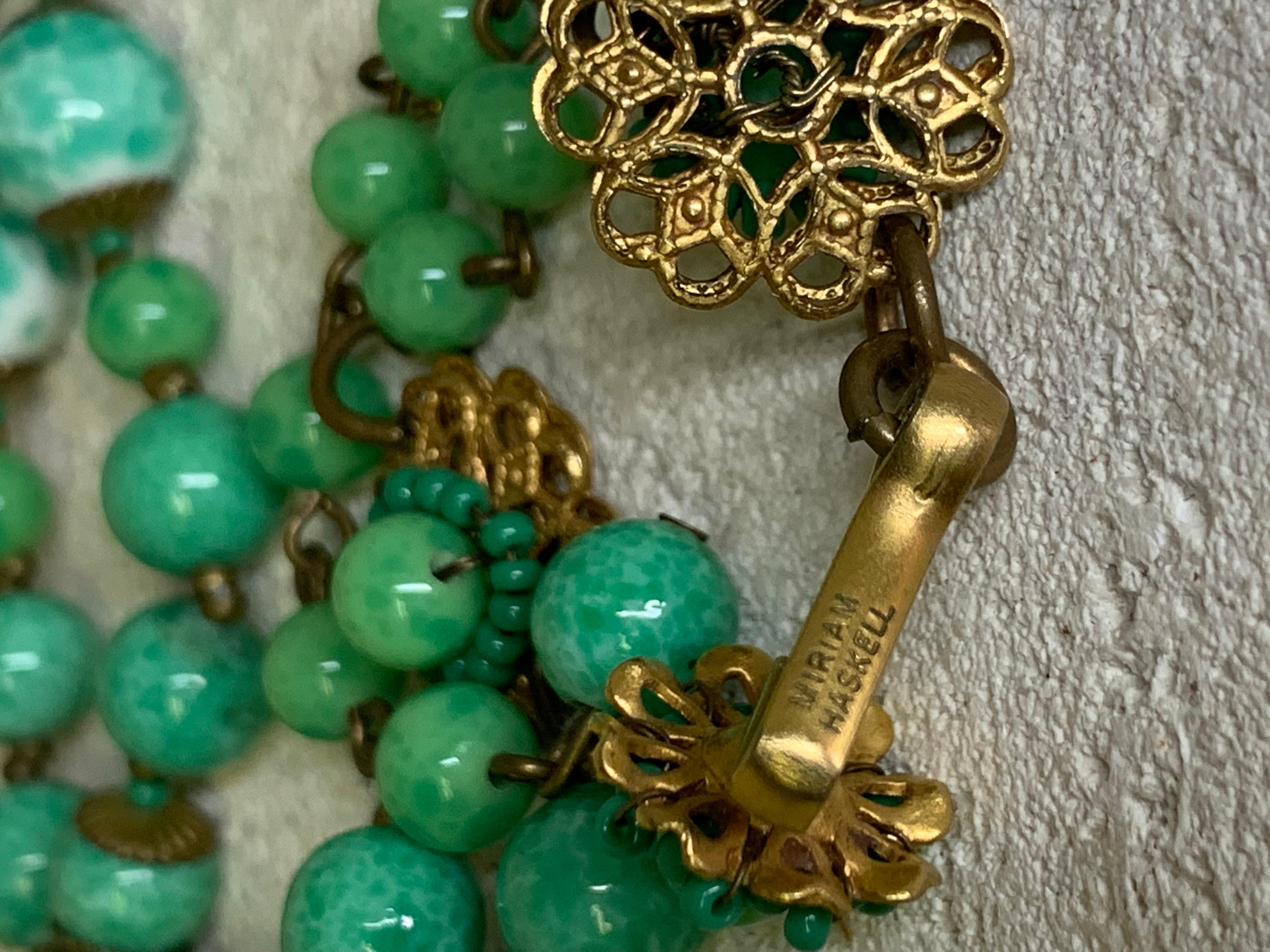 1940s Miriam Haskell Double Strand Jade Green Glass Necklace w Center Flower For Sale 8