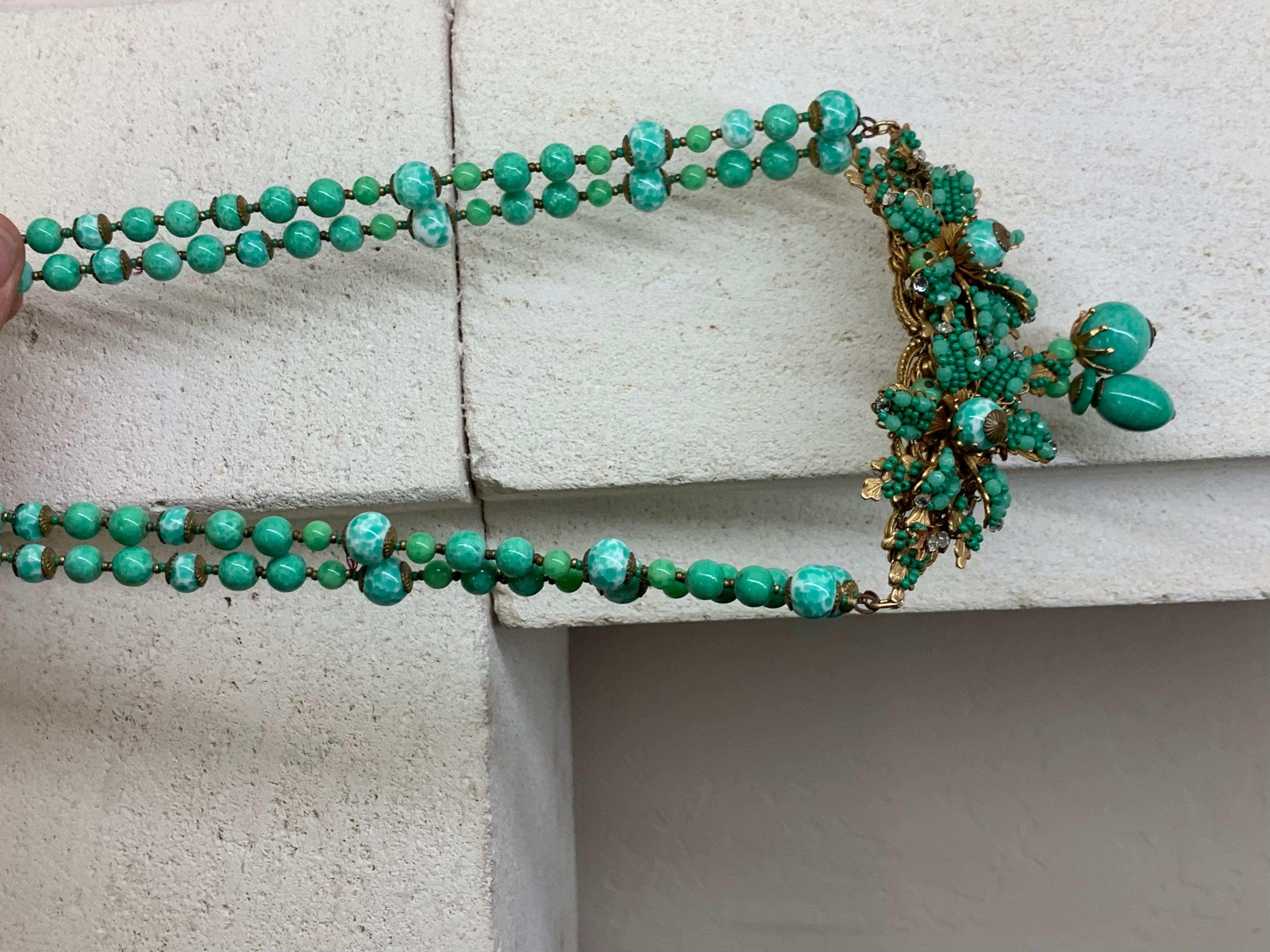 1940s Miriam Haskell Double Strand Jade Green Glass Necklace w Center Flower For Sale 11