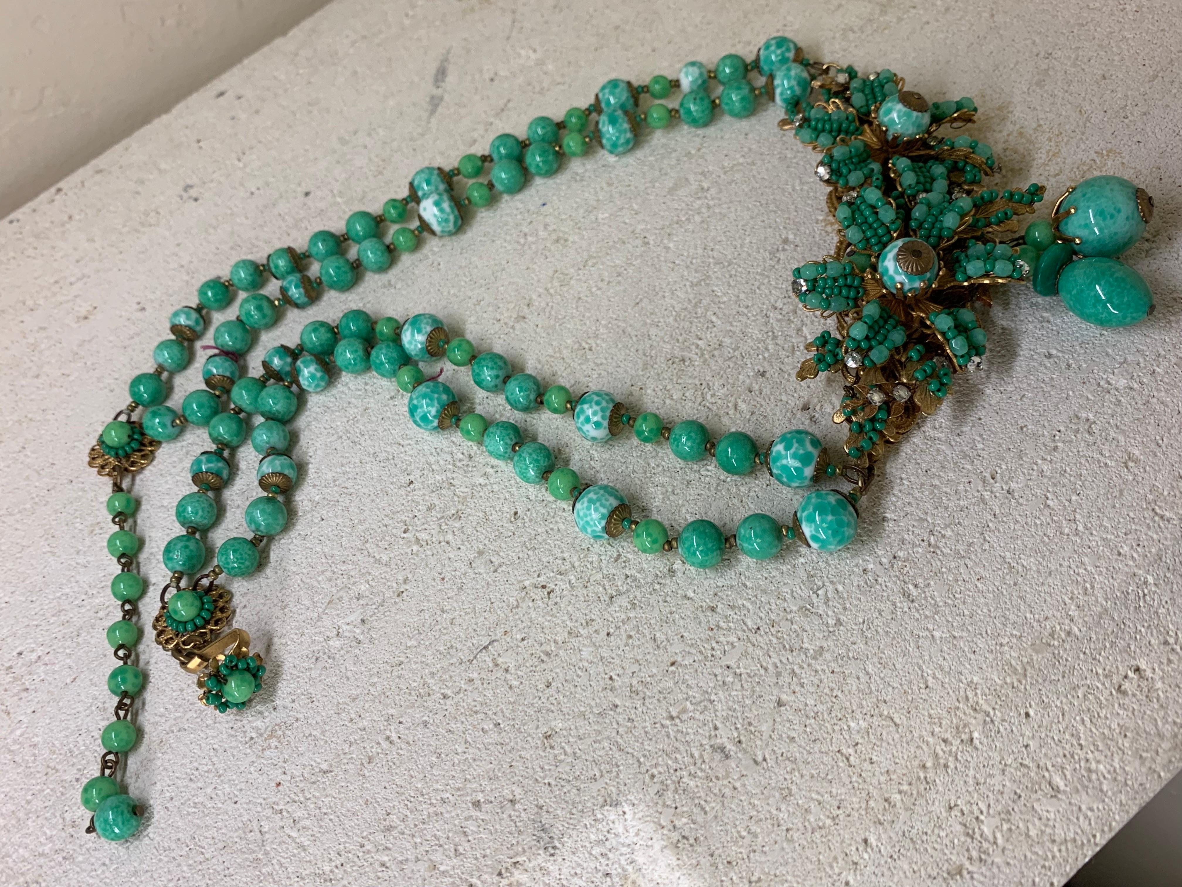 1940s Miriam Haskell Double Strand Jade Green Glass Necklace w Center Flower For Sale 13