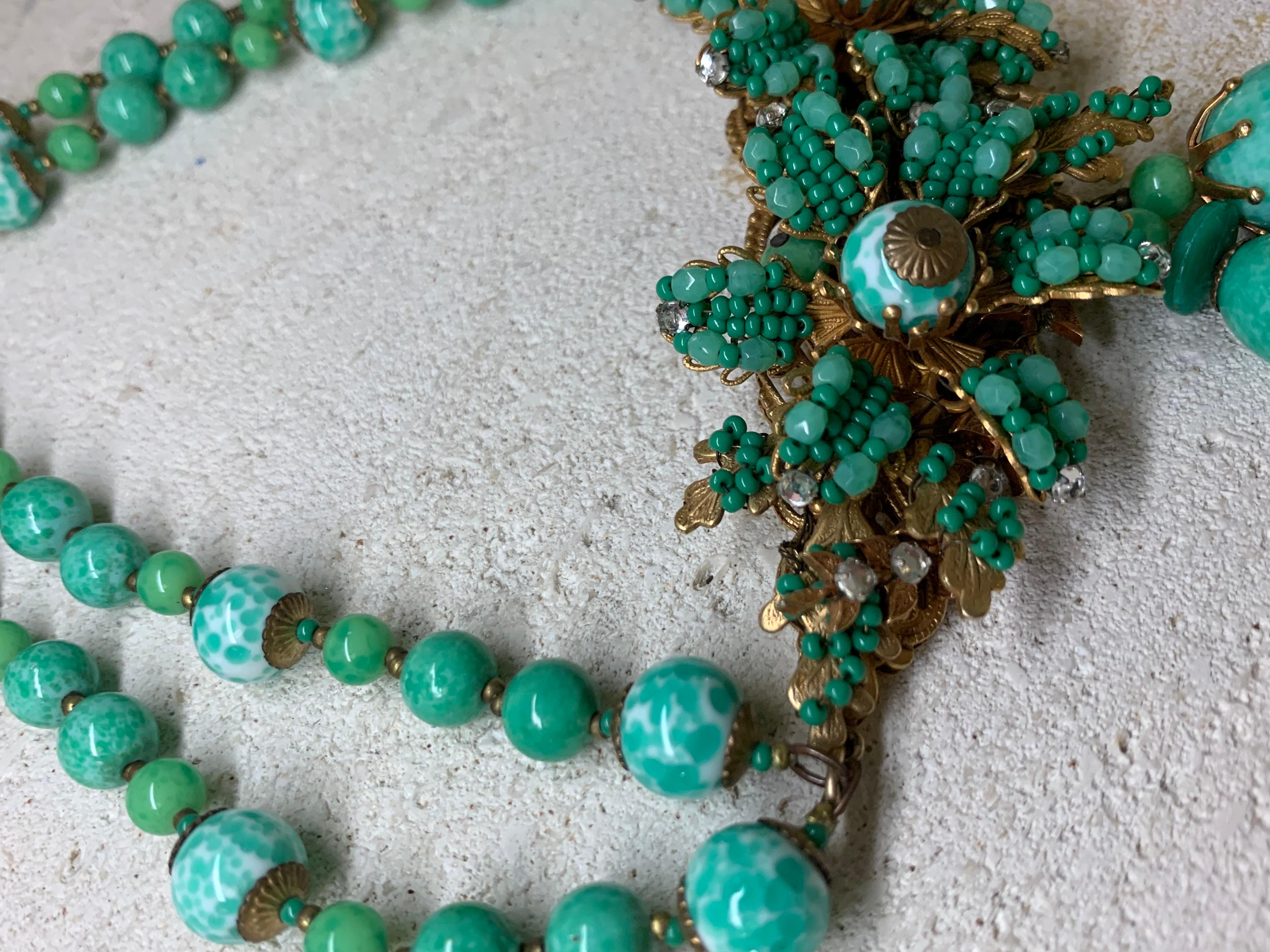 1940s Miriam Haskell Double Strand Jade Green Glass Necklace w Center Flower For Sale 14
