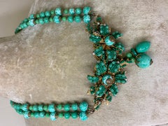 1940s Miriam Haskell Double Strand Jade Green Glass Necklace w Center Flower
