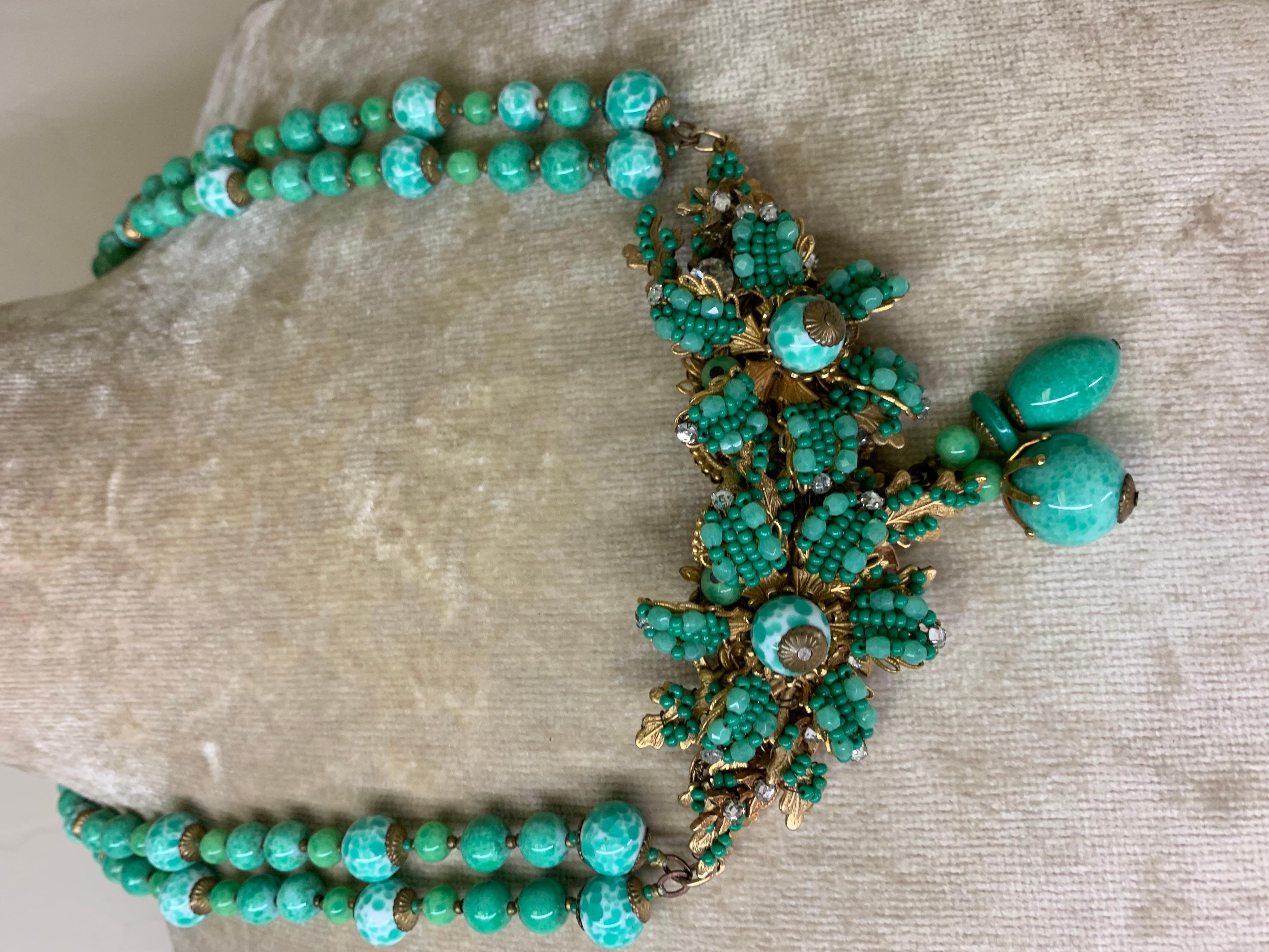 1940s Miriam Haskell Double Strand Jade Green Glass Necklace w Center Flower In Excellent Condition For Sale In Gresham, OR