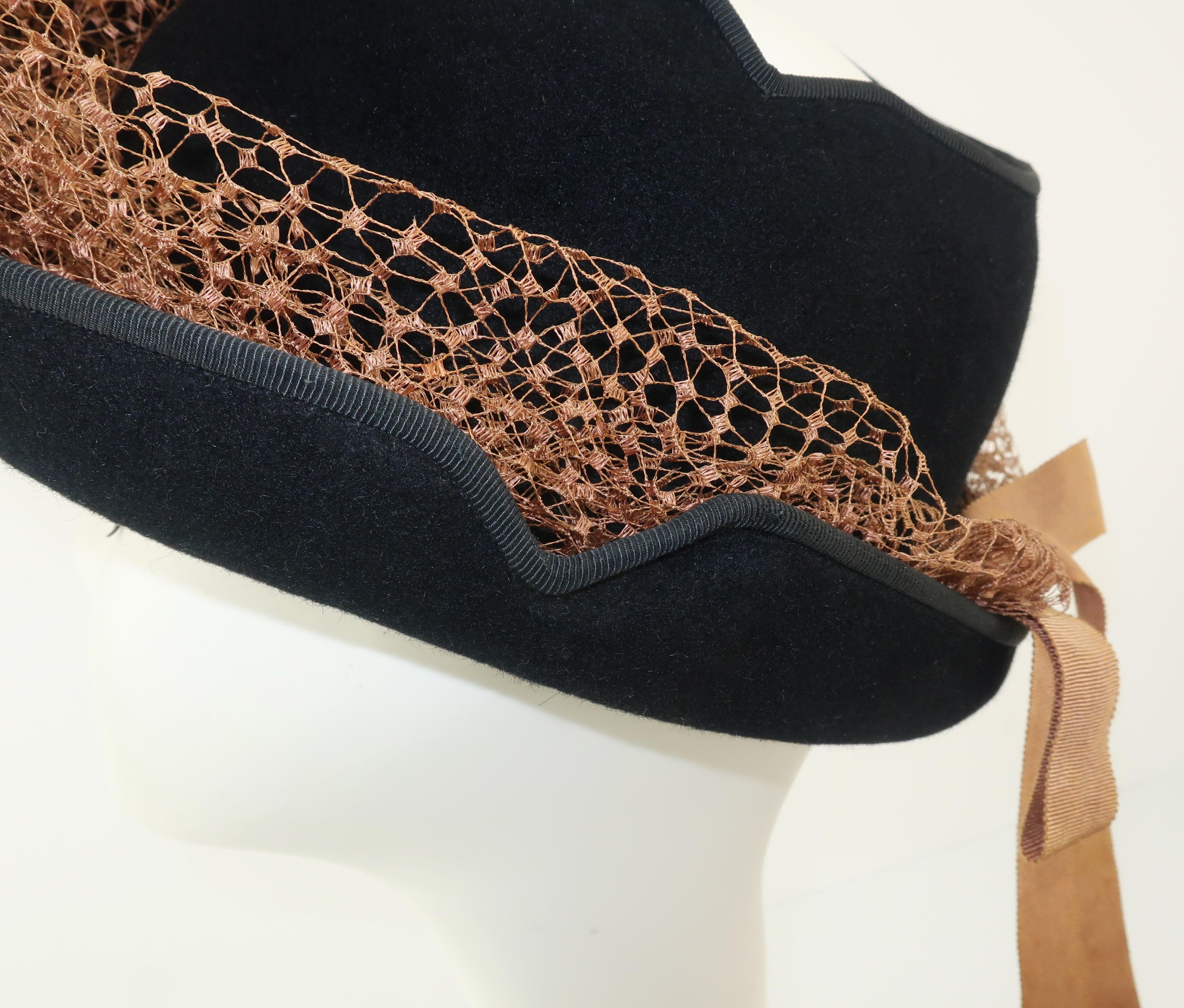 1940’s Miriam Lewis Black Hat With Camel Netting In Good Condition In Atlanta, GA
