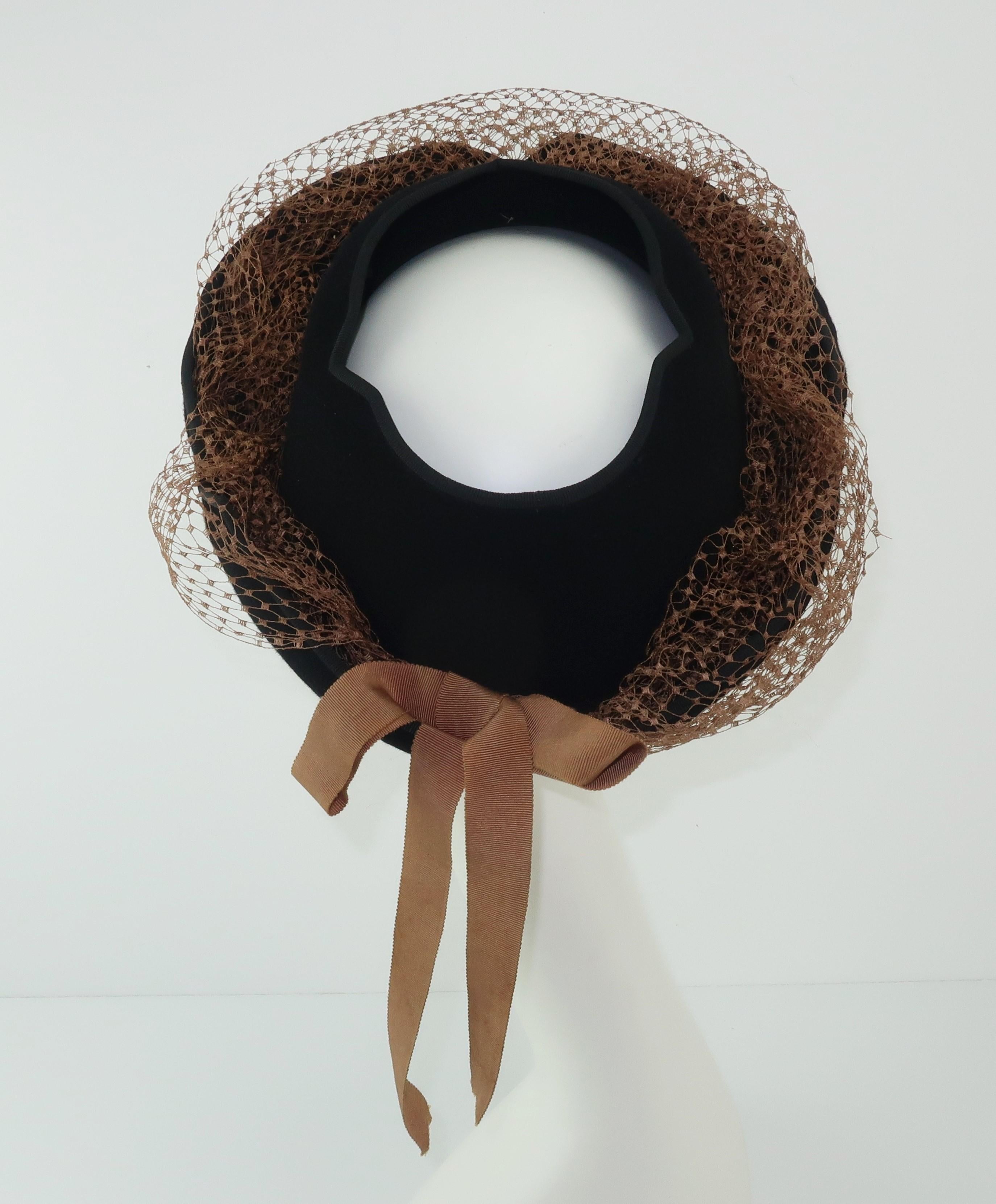 Women's 1940’s Miriam Lewis Black Hat With Camel Netting