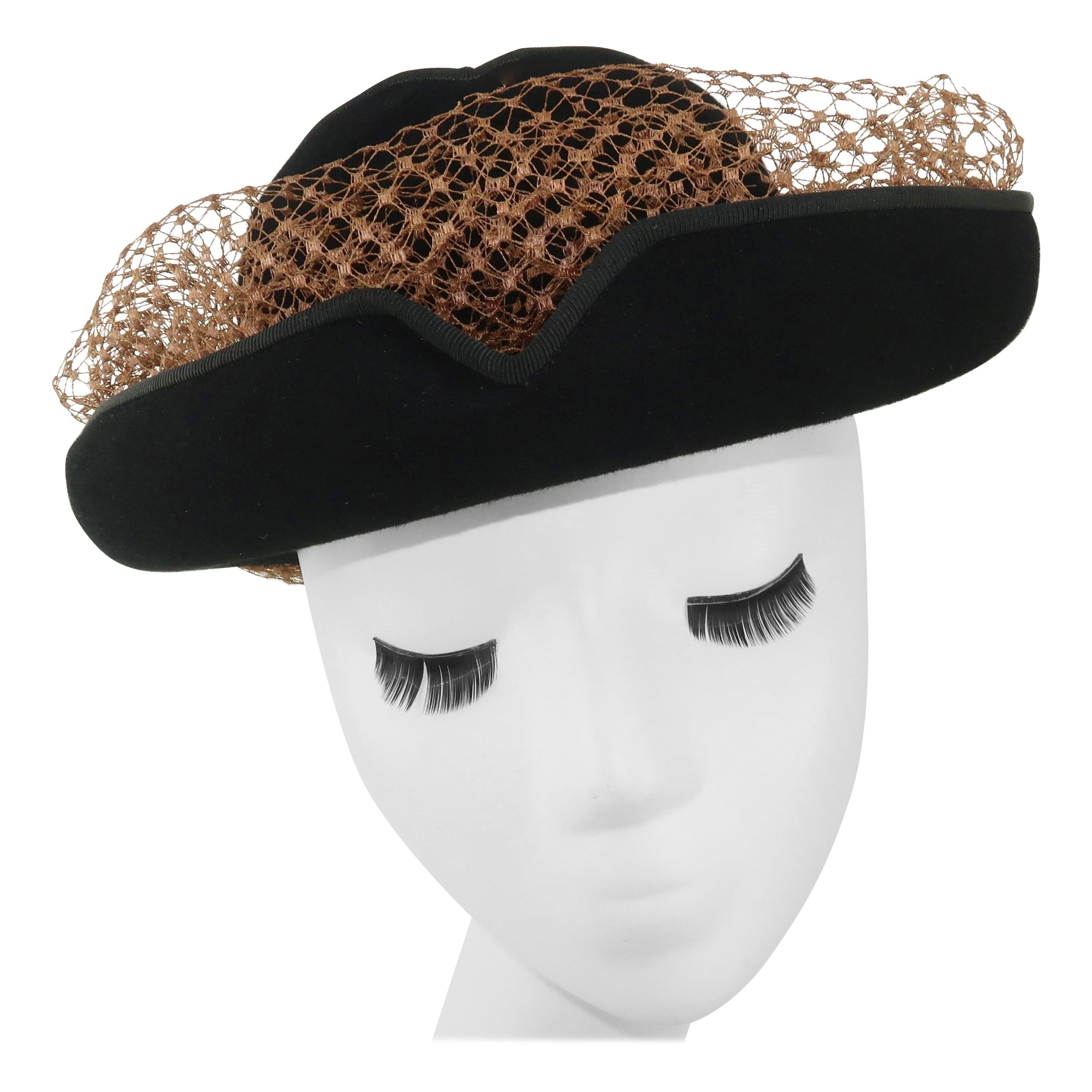 1940’s Miriam Lewis Black Hat With Camel Netting