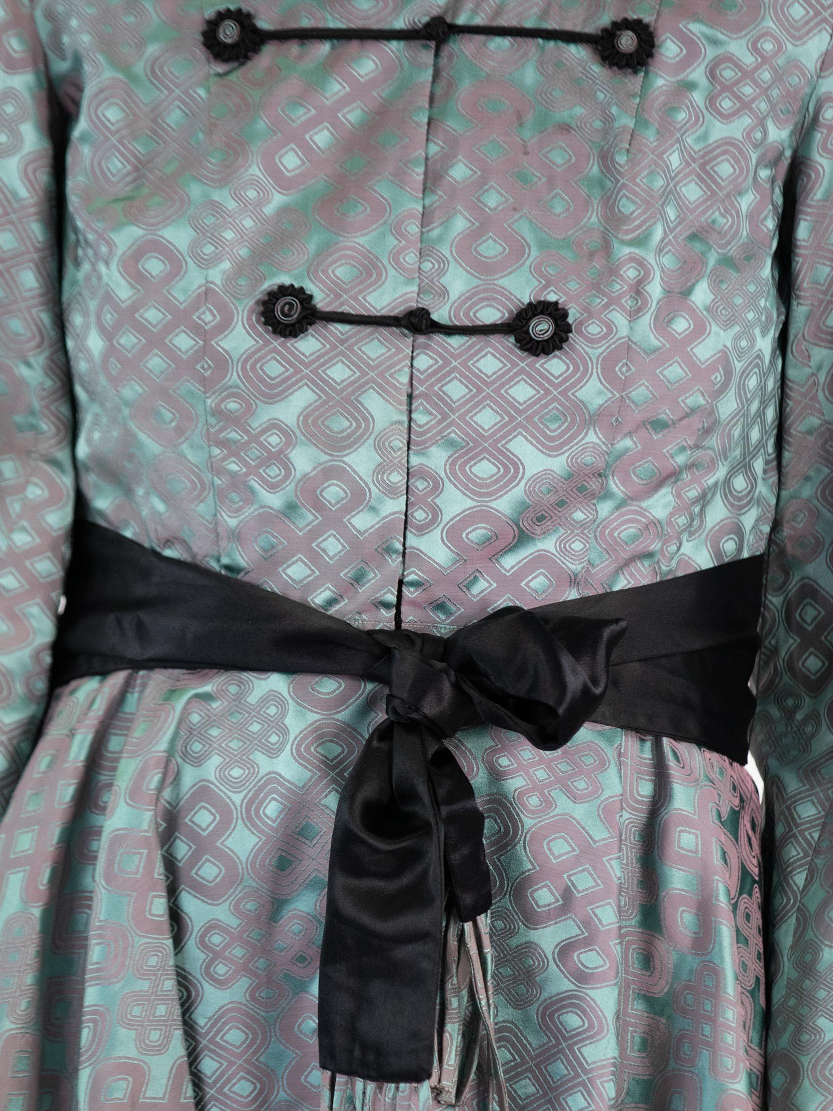 1940S Mixed Blues Silk Jacquard Asian Jacket With Black Belt & Trim For Sale 1