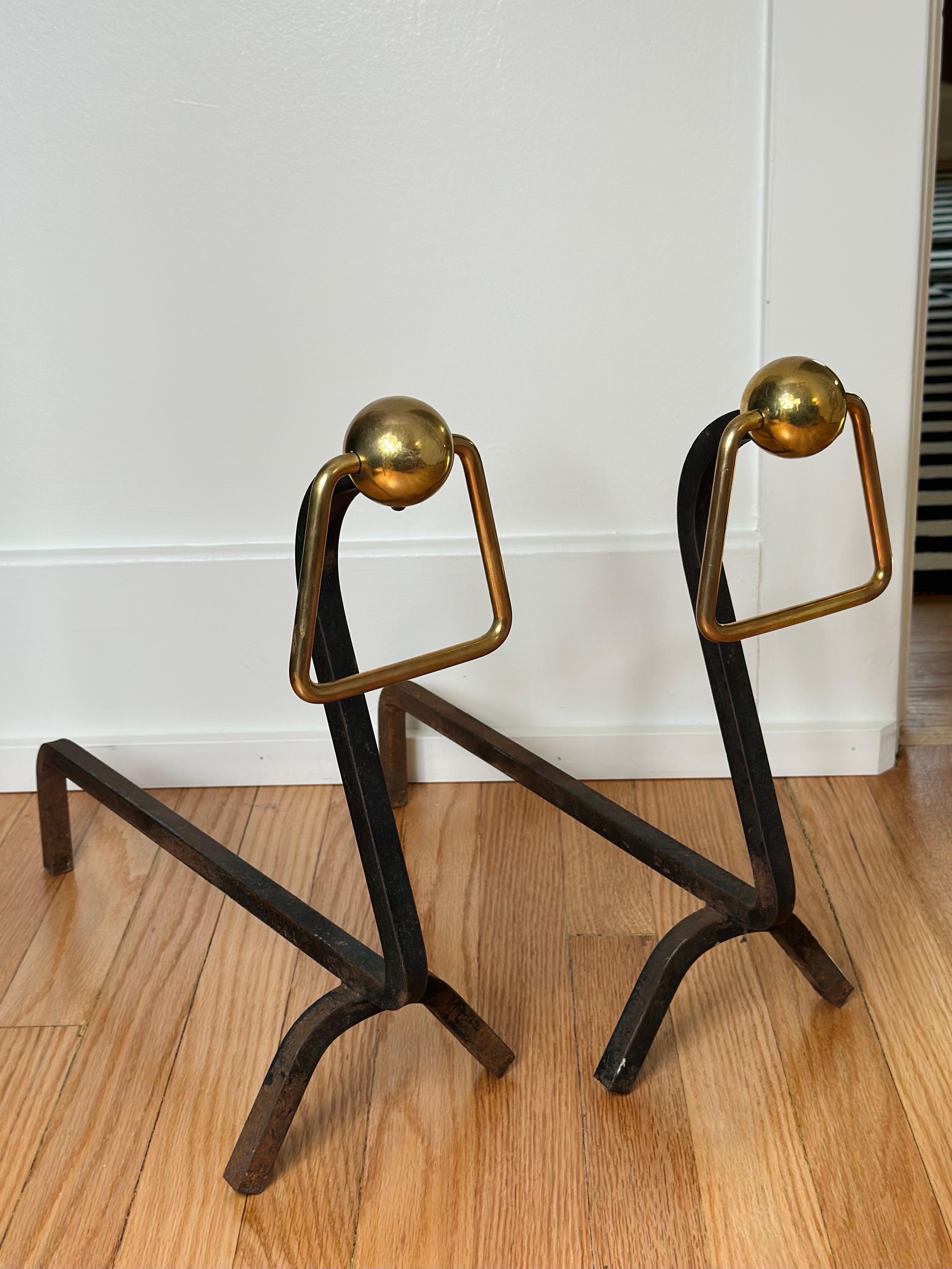 French 1940s Modernist Jacques Adnet Style Wrought Iron and Brass Andirons - a Pair For Sale