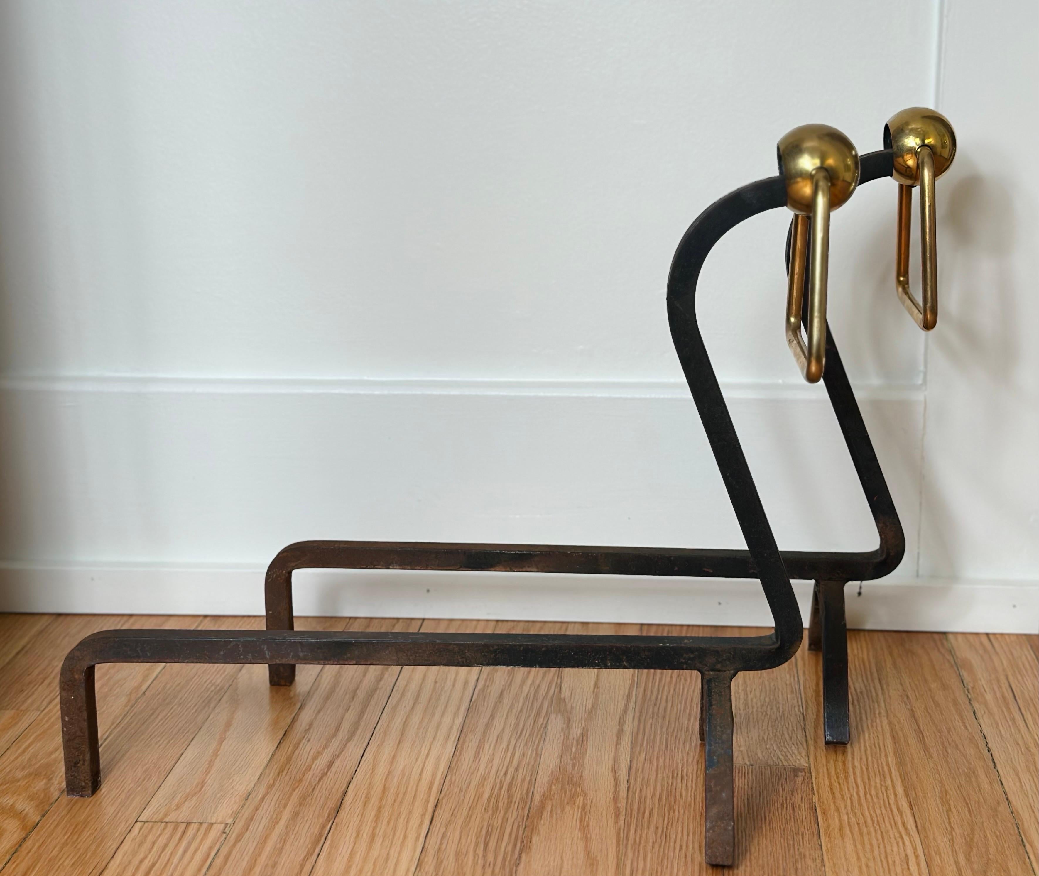 1940s Modernist Jacques Adnet Style Wrought Iron and Brass Andirons - a Pair In Good Condition For Sale In Farmington Hills, MI