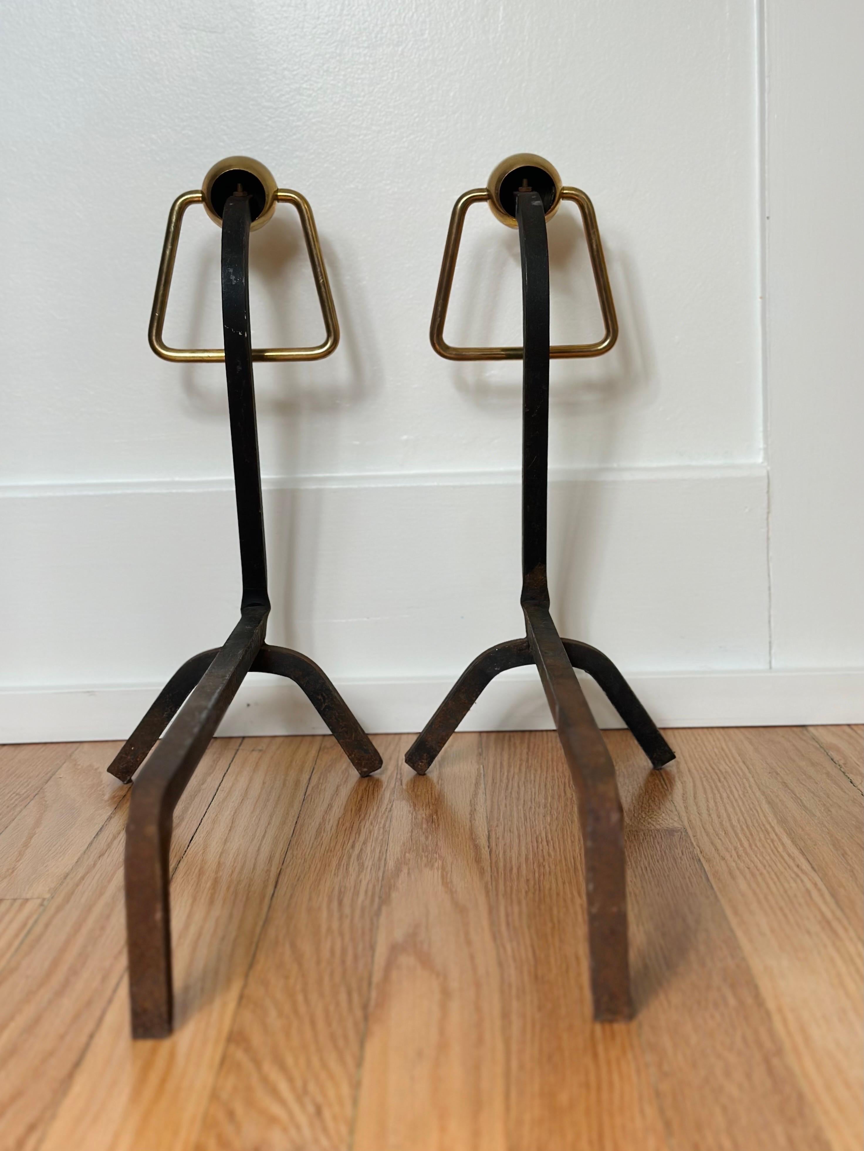 Mid-20th Century 1940s Modernist Jacques Adnet Style Wrought Iron and Brass Andirons - a Pair For Sale
