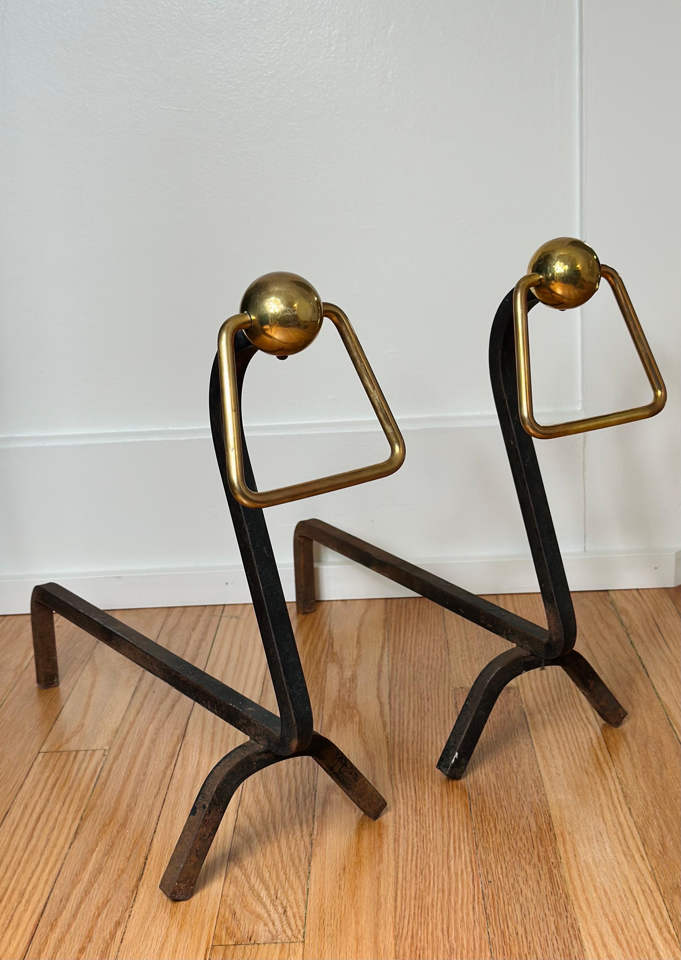 1940s Modernist Jacques Adnet Style Wrought Iron and Brass Andirons - a Pair For Sale 1