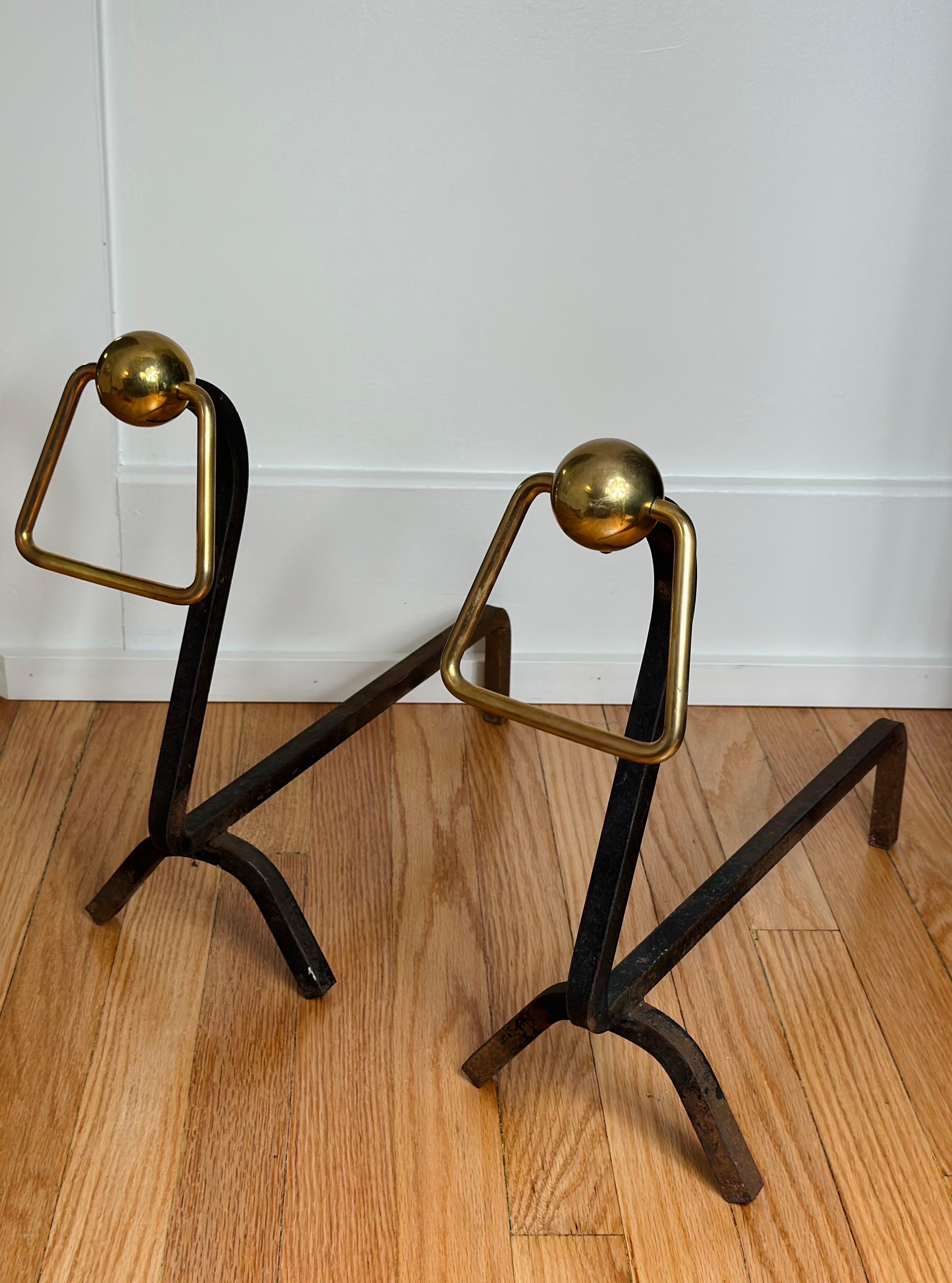 1940s Modernist Jacques Adnet Style Wrought Iron and Brass Andirons - a Pair For Sale 2